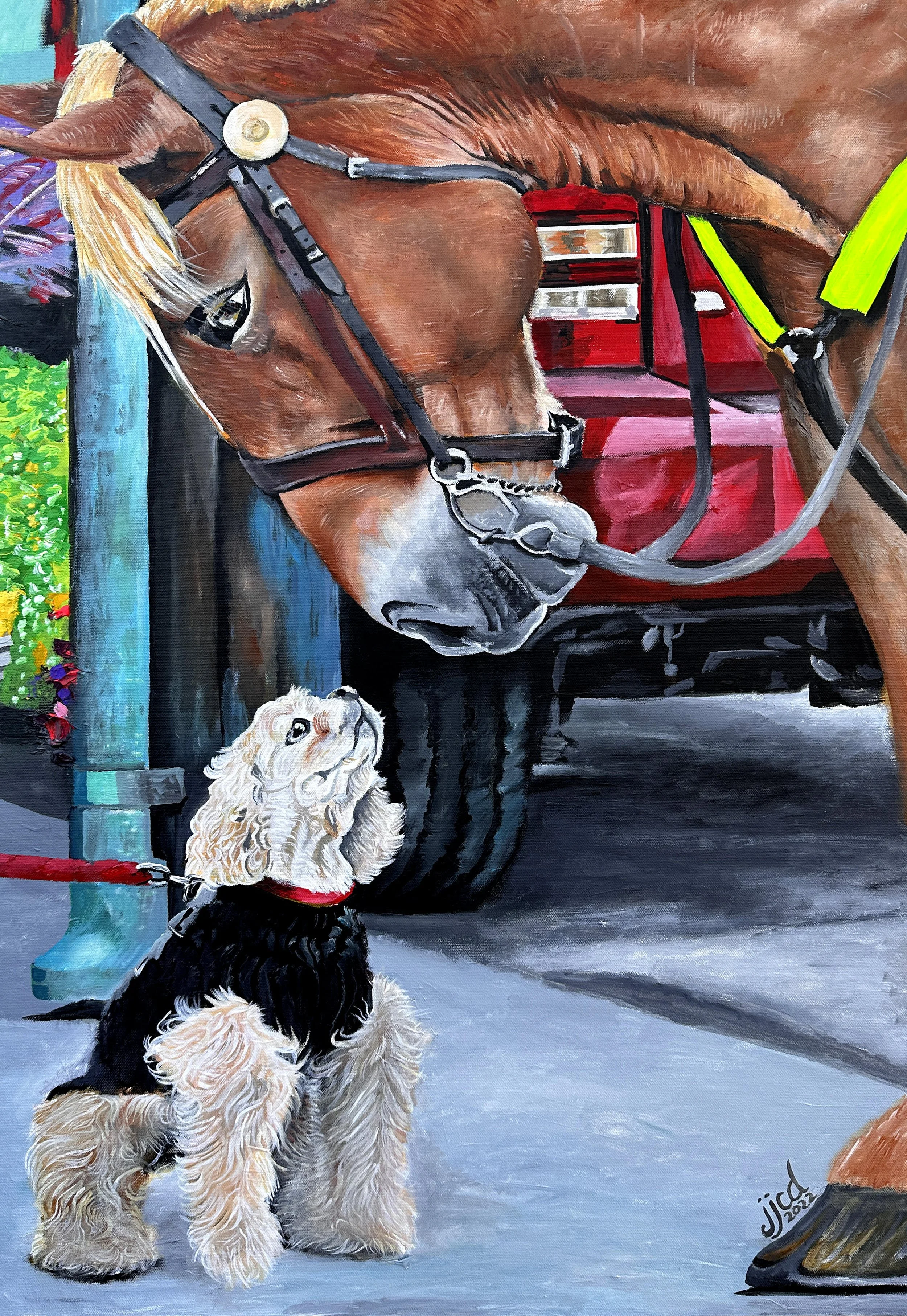 Little Dog, Big Horse and a Priceless Moment | 24" x 36" acrylic on canvas by Jeff Johns and Colin Daugherty | COMMISSIONED