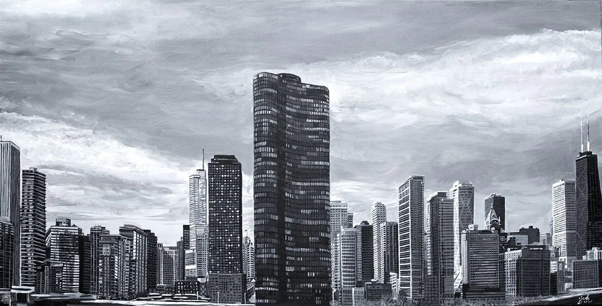 Lake Point Tower, Chicago Skyline | 24″ x 48″ acrylic on canvas by Jeff Johns and Colin Daugherty | Painting 2 | SOLD
