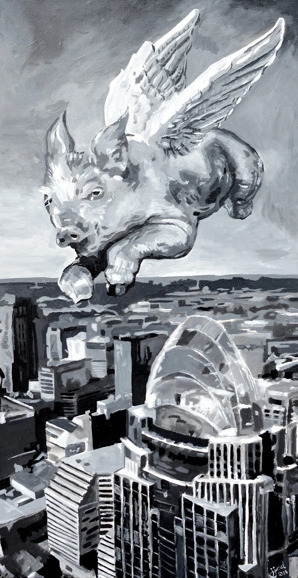 Flying Pig, Cincinnati | 15″ x 30″ acrylic on canvas by Jeff Johns and Colin Daugherty 
