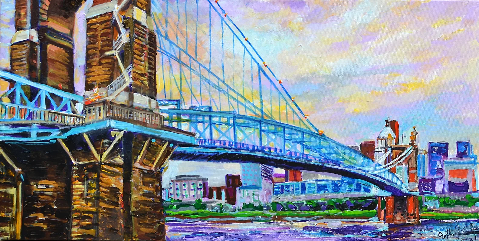 Gorgeous Roebling Day, Cincinnati | 16″ x 30″ acrylic on canvas by Jeff Johns | GIFTED 
