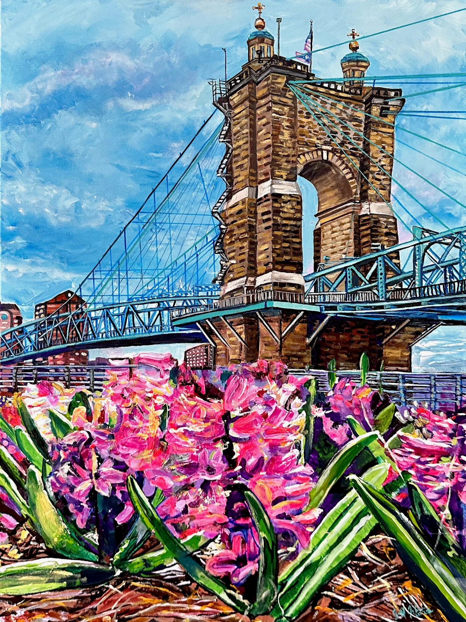 Holy Hyacinth it’s the Roebling Bridge | 24” x 36” mixed-media on canvas by Jeff Johns. | SOLD
