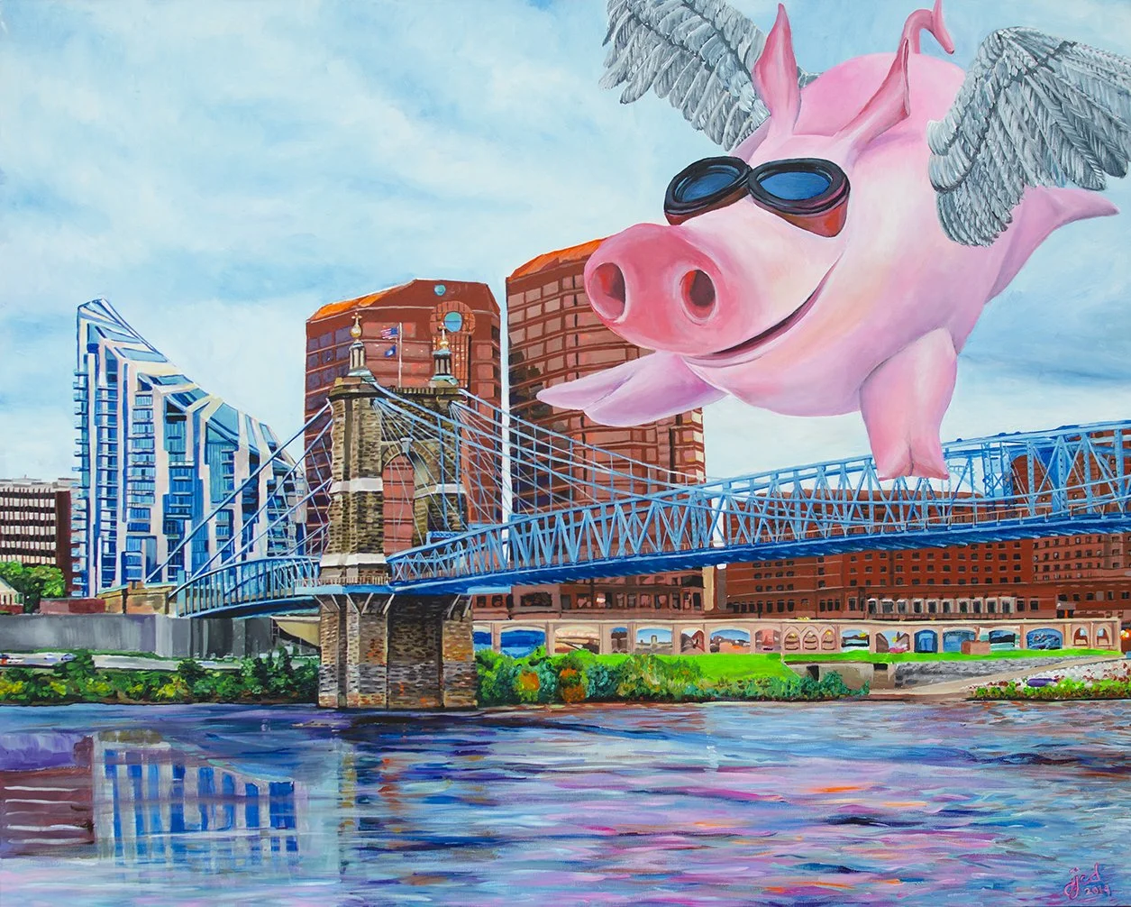 Flying Pig over Covington, Kentucky | 48″ x 60″ acrylic on canvas by Jeff Johns and Colin Daugherty | SOLD
