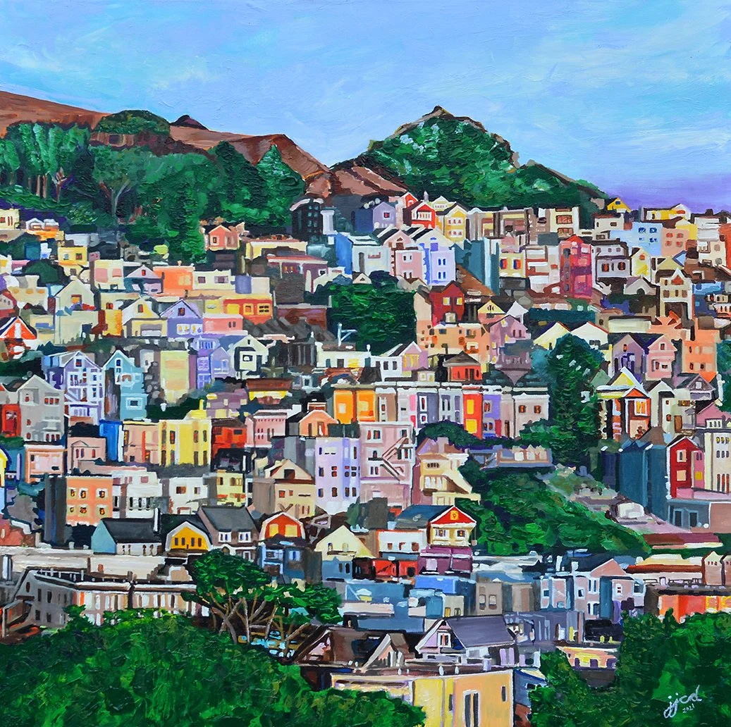 Terrace View of Bernall Hill, San Francisco |  36″ x 36″ acrylic on canvas by Jeff Johns and Colin Daugherty | SOLD
