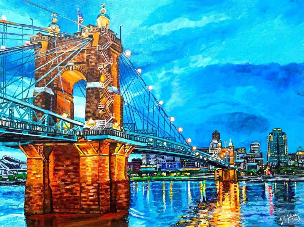 Twilight Reflections 2 | Roebling Bridge to Cincinnati 18″ x 24″ Acrylic on Canvas by Jeff Johns | COMMISSIONED