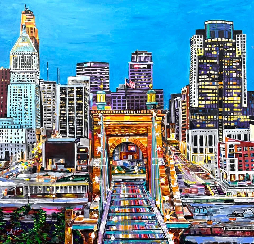 Above the Roebling Bridge, Cincinnati | 48” x 48” acrylic on canvas by Jeff Johns | SOLD
