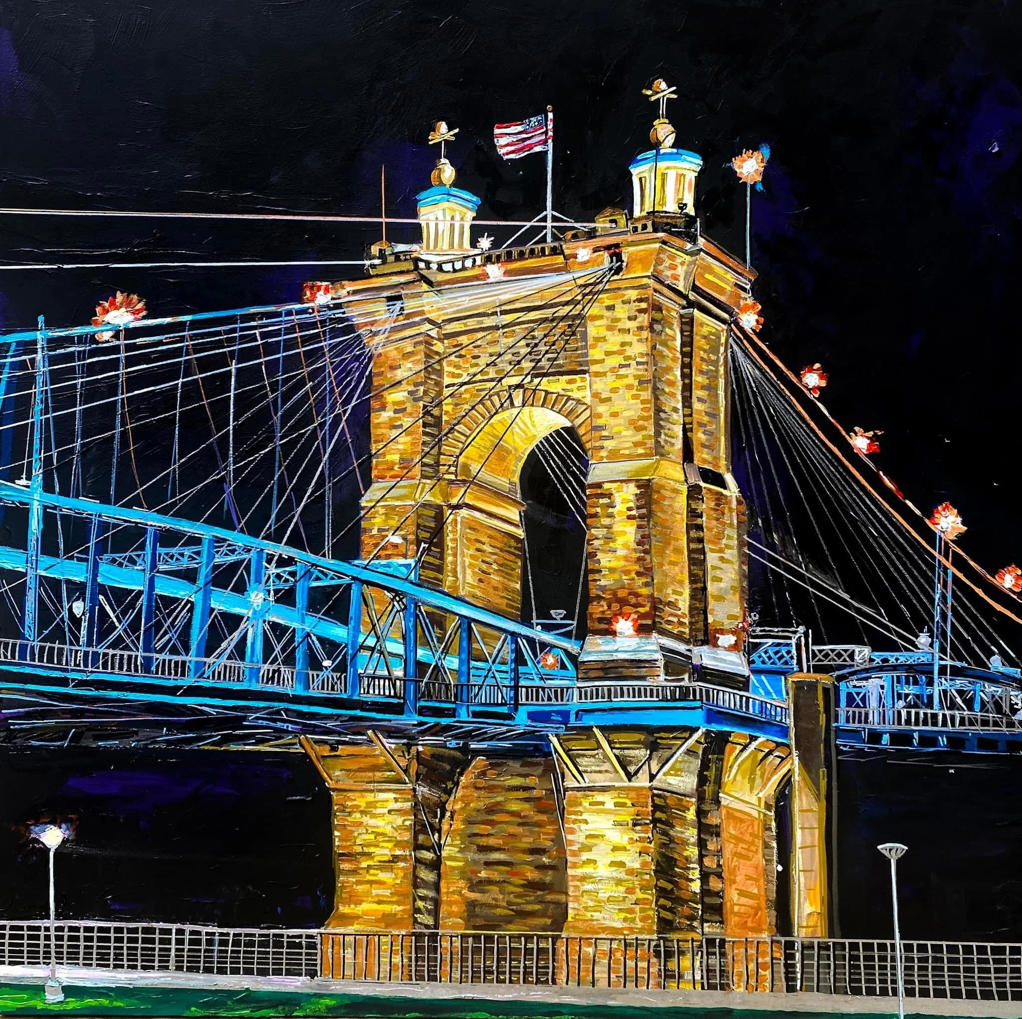 The Magnificent Roebling Bridge 48″ x 48″ Acrylic on Canvas by Jeff Johns | SOLD to CVG Airport  on Display at SkyLounge
