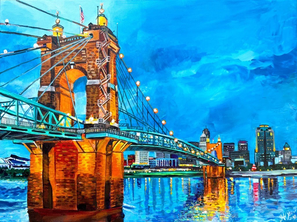 Twilight Reflections, Roebling Bridge to Cincinnati, the Original | 18″x 24″ acrylic on canvas by Jeff Johns | COMMISSIONED