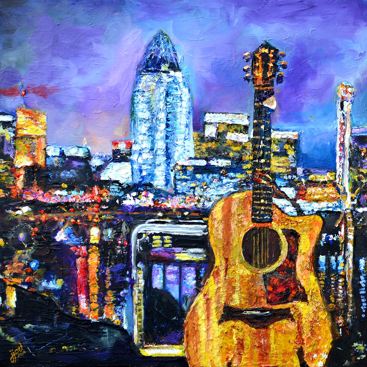 GreatAmerican Country™ Clayton Anderson’s Guitar, Acrylic + Oil on Canvas 30″ x 30″ by Jeff Johns and Colin Daugherty | NFS 
