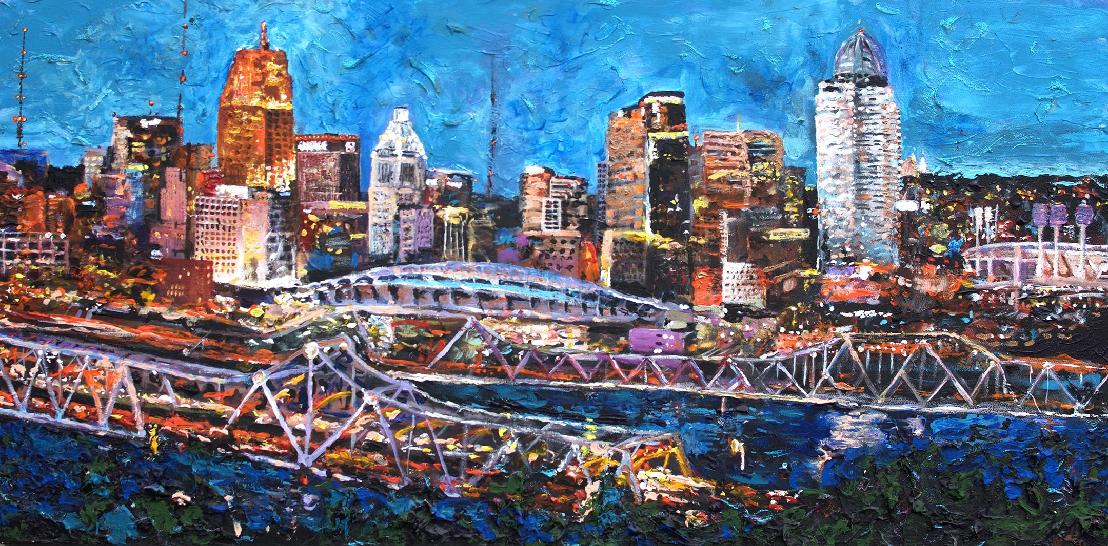 Bluffs View of Cincinnati, 24″ x 48″ acrylic on canvas by Jeff Johns and Colin Daugherty | SOLD
