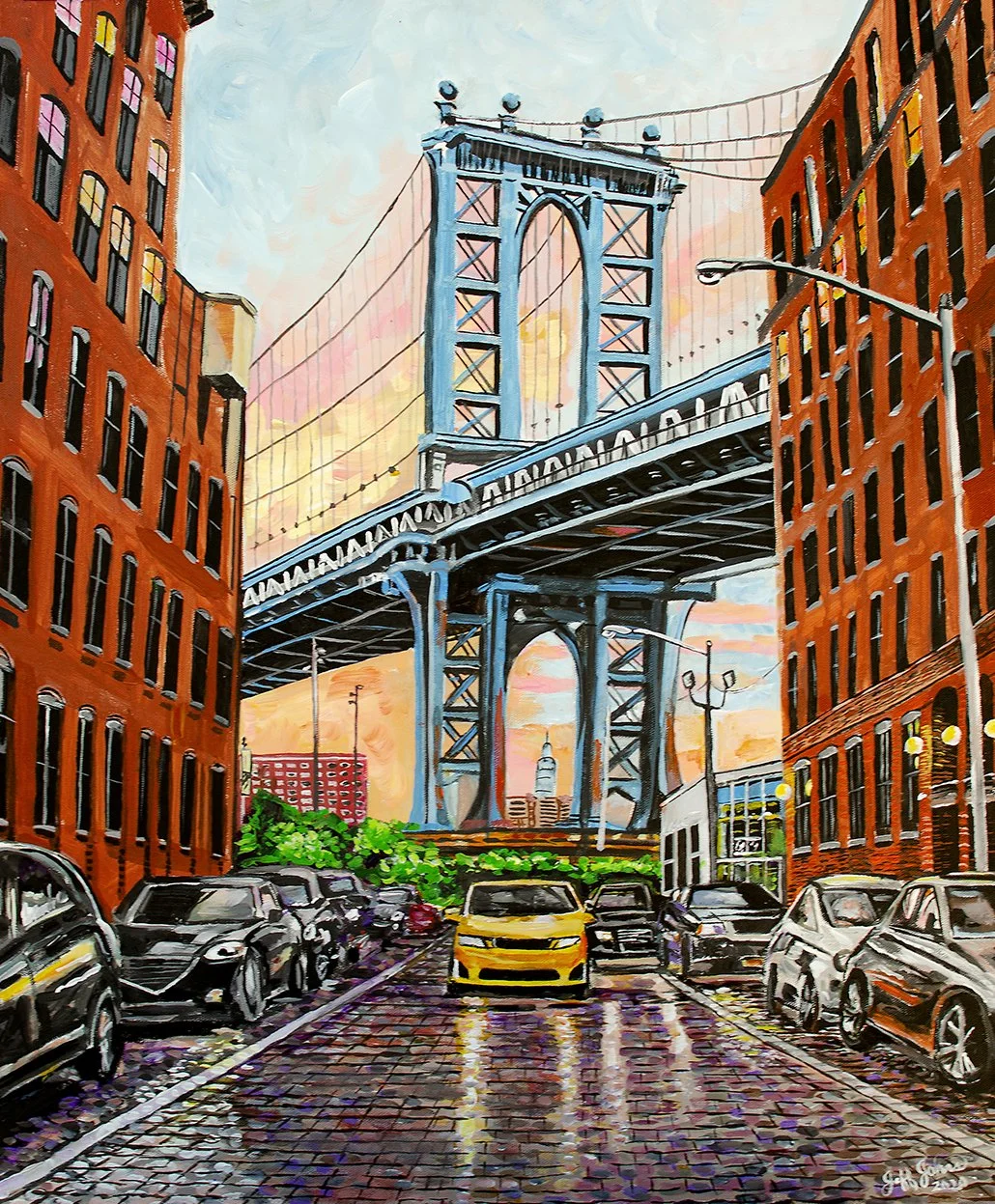 Sunset on DUMBO, Brooklyn, New York | 24″ x 36″ acrylic on canvas by Jeff Johns | AVAILABLE 
