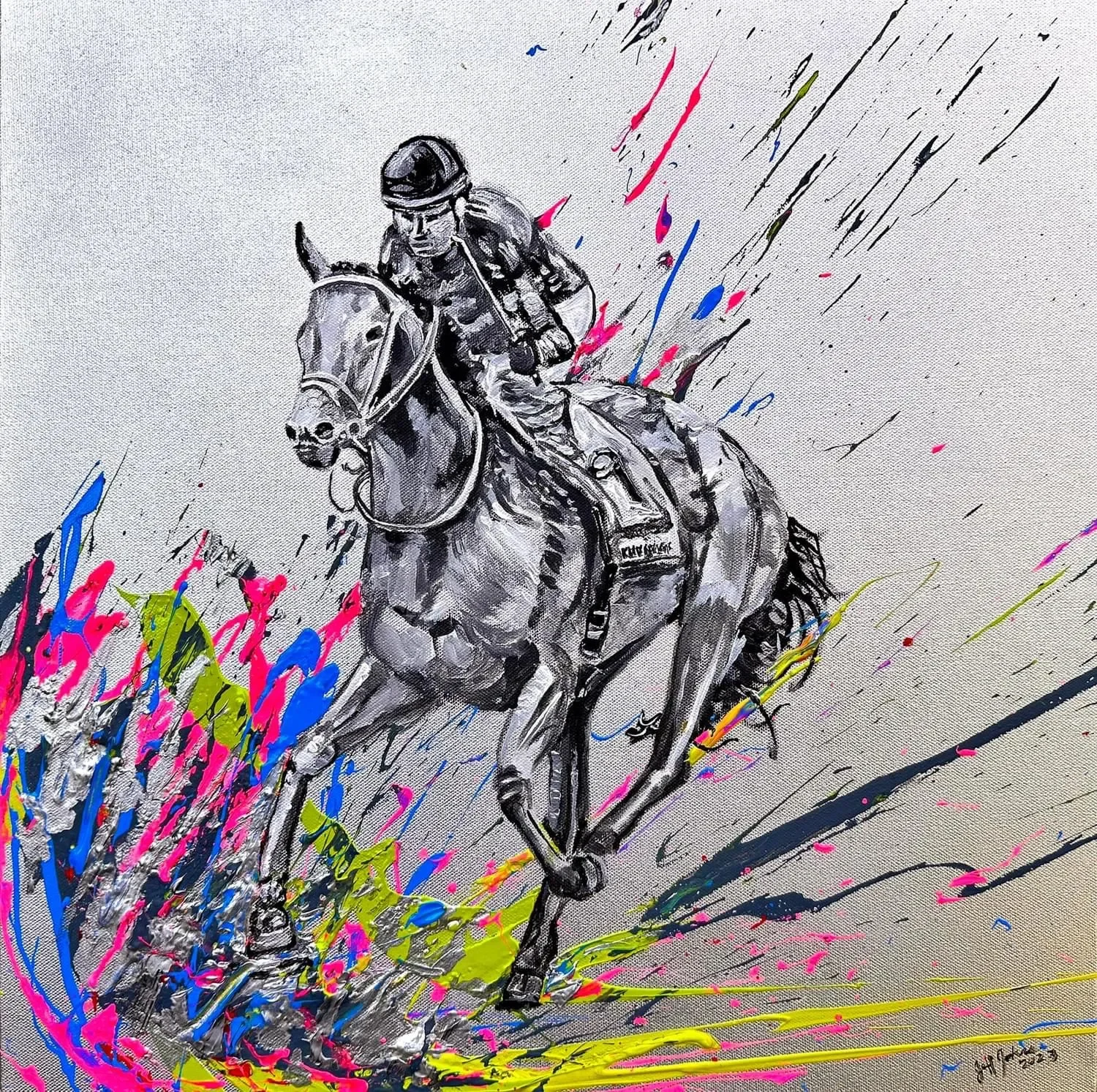 The Kentukcy Derby | Silver Charmer, 24″ x 24″ mixed media on canvas by Jeff Johns | GIFTED 
