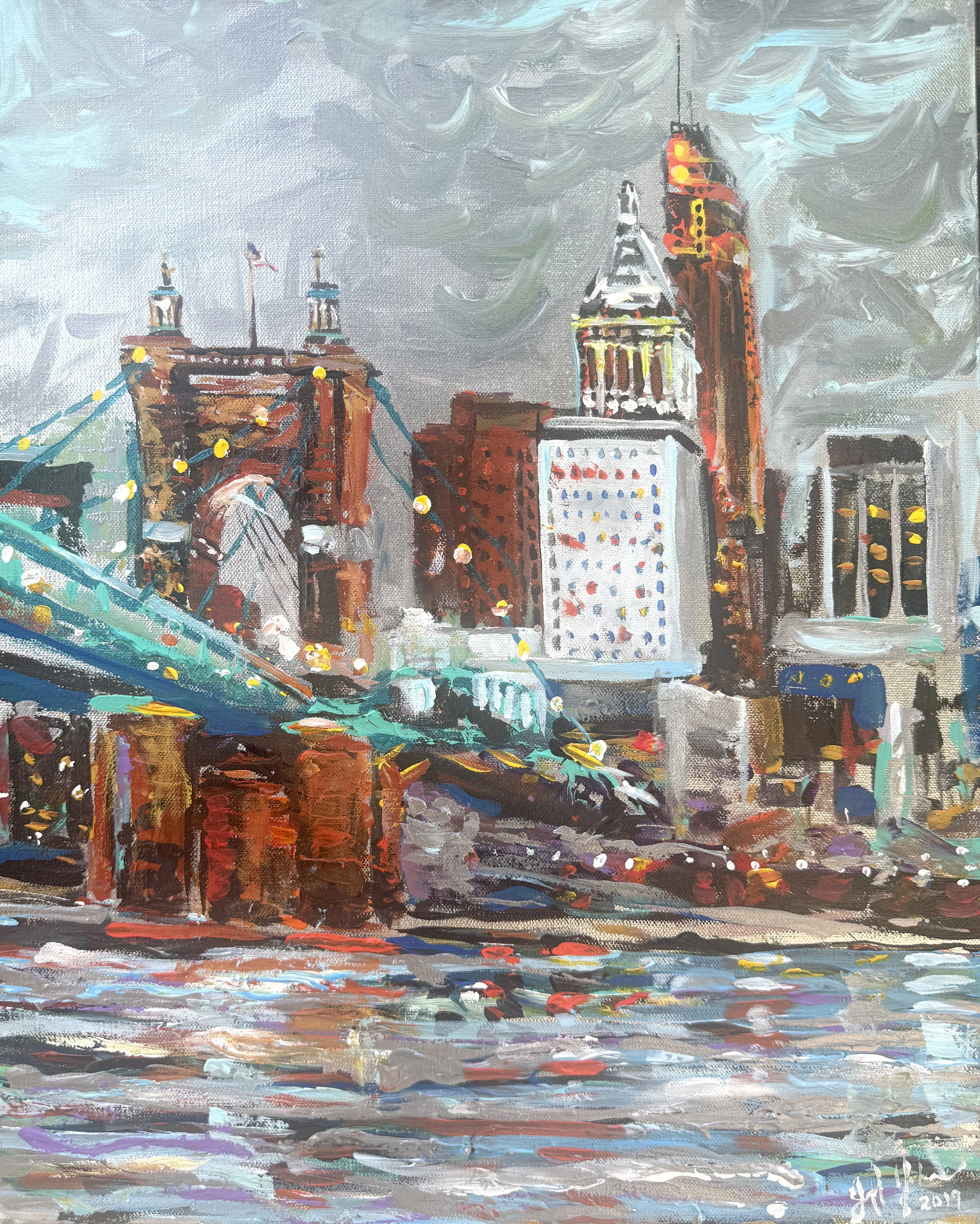 Silver Reflections, The Roebling Bridge Cincinnati 16" x 20" acrylic + mixed media on canvas by Jeff Johns | NFS