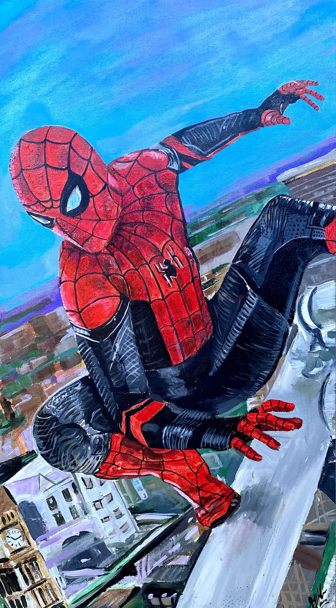 Grant's Spiderman | 16" x 40" acrylic on canvas by Jeff Johns. This painting is hanging in Grant's room. 