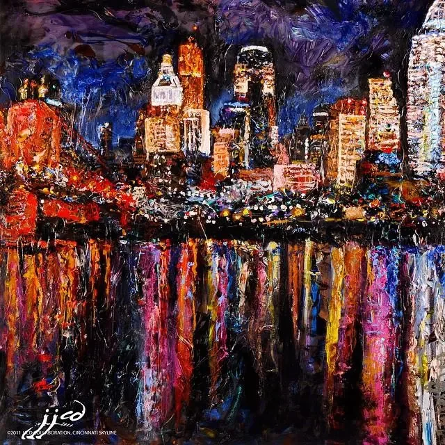 Cincinnati Skyline | The Original and very firstl Jeff Johns and Colin Daugherty painting of the Cincinnati 36″ x 36″ mixed media on canvas ~ SOLD
