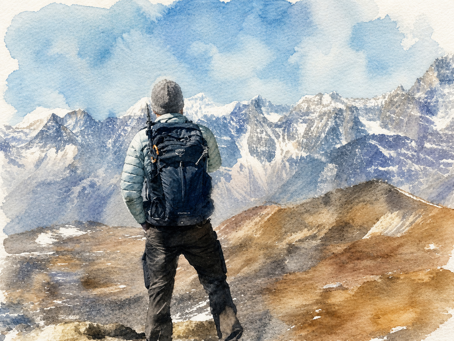 A hiker standing with their back to the camera, looking at snow-capped Himalayan mountains in the distance, wearing a backpack, a puffer jacket, and a beanie.