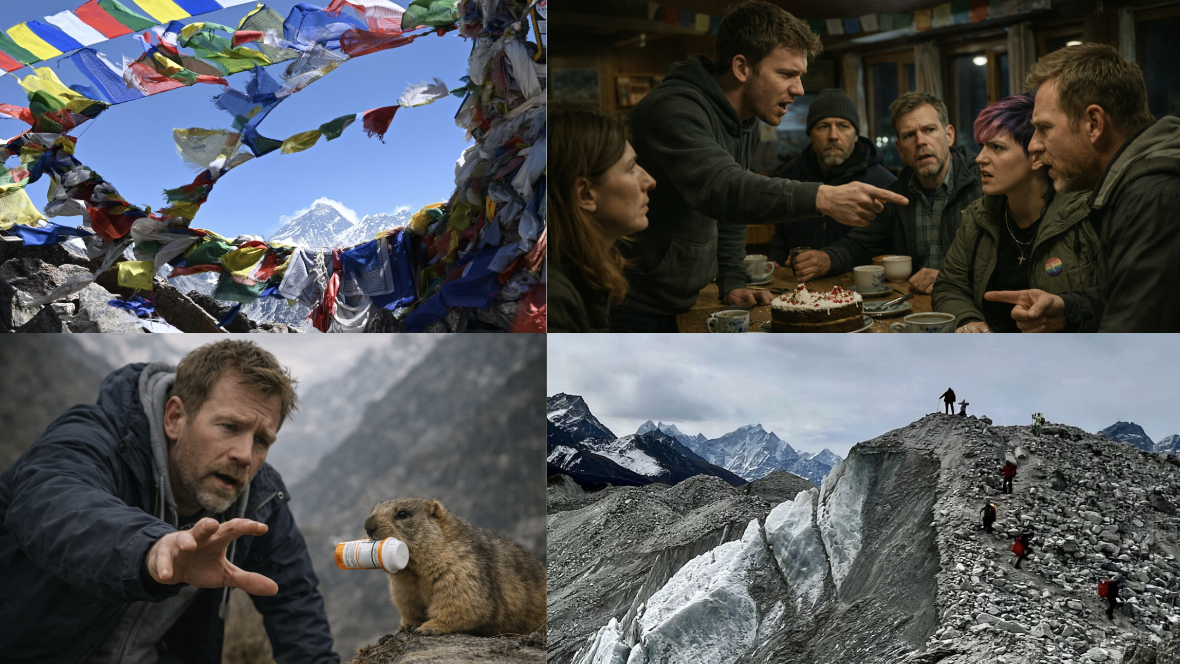 Travelers on a mountain expedition with prayer flags, a group having a discussion over cake inside a rustic cabin, a man with a dog in a mountainous area, and people hiking near glaciers and snowy peaks in a remote mountain landscape.