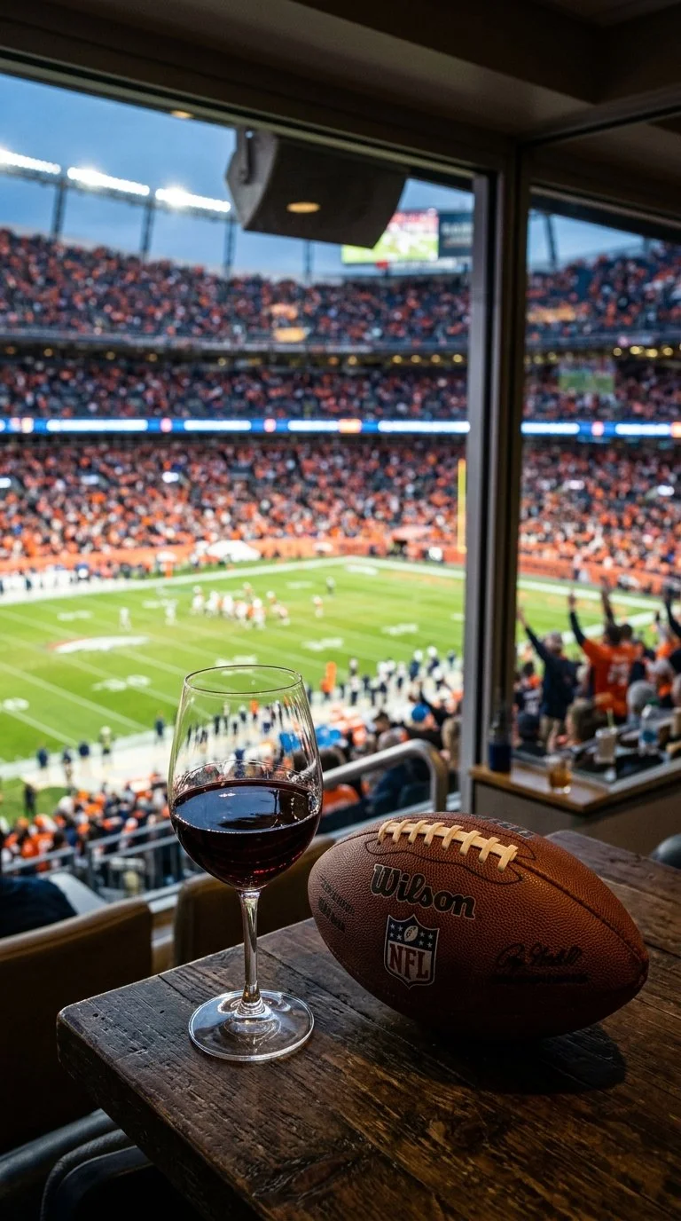 A glass of red wine and an NFL football on a wooden table at a stadium suite, overlooking a football game in progress with spectators in the stands.
