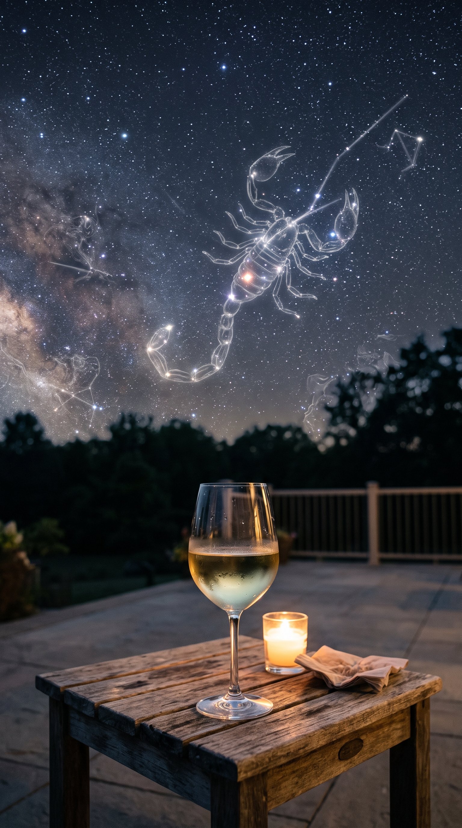 Night sky with star constellations and a faint outline of a scorpion. A glass of white wine, a lit candle, and a napkin are on a wooden table in an outdoor setting.