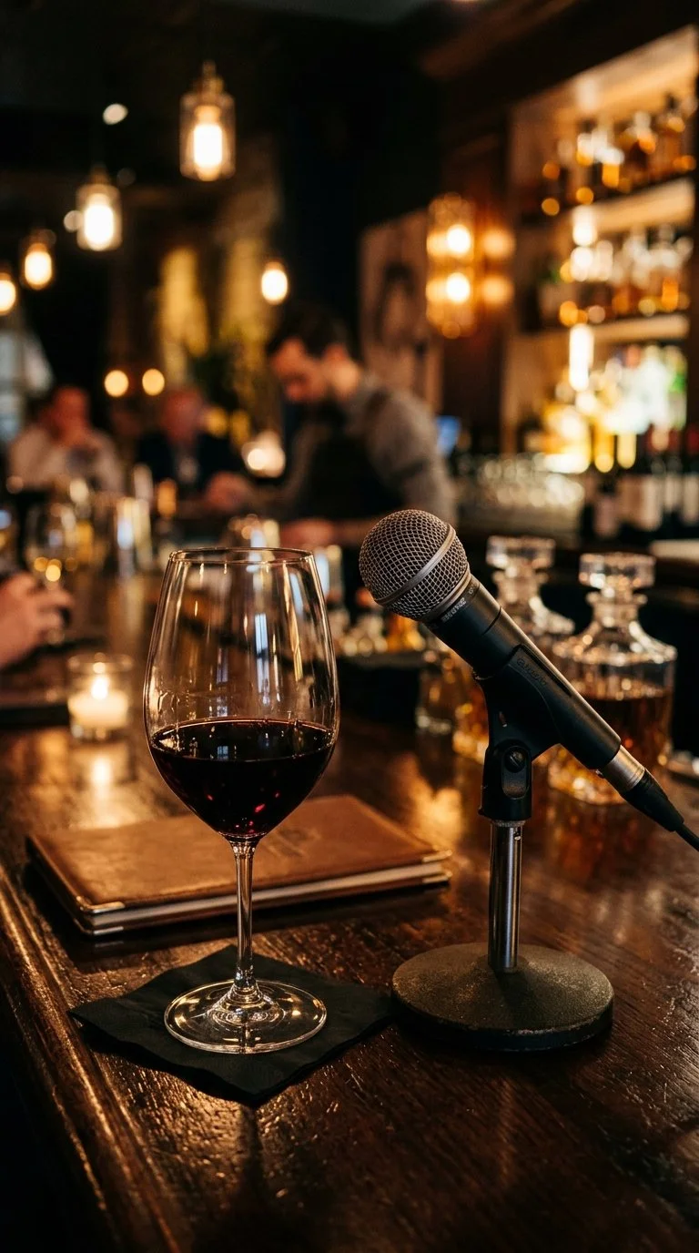 A glass of red wine, a microphone, a closed notebook on a wooden bar table in a dimly lit bar or lounge with warm lighting and blurred patrons in the background.