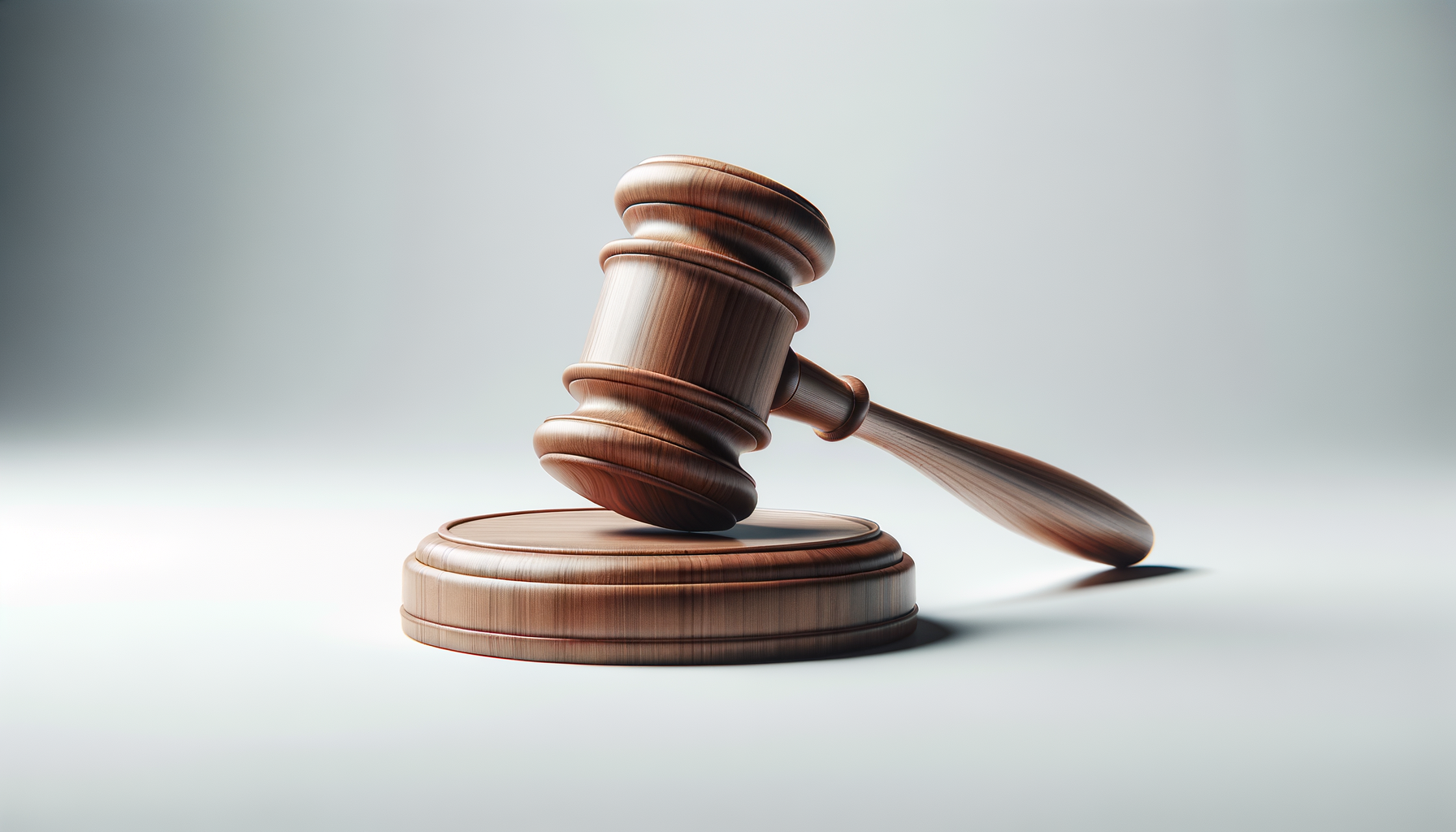 A wooden judge's gavel resting on a sound block, used in legal proceedings.