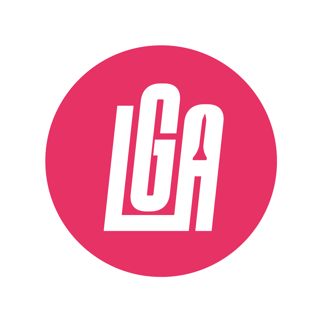 Pink circle with white stylized letters spelling 'LGA' in a modern font. Launch golf Academy Icon