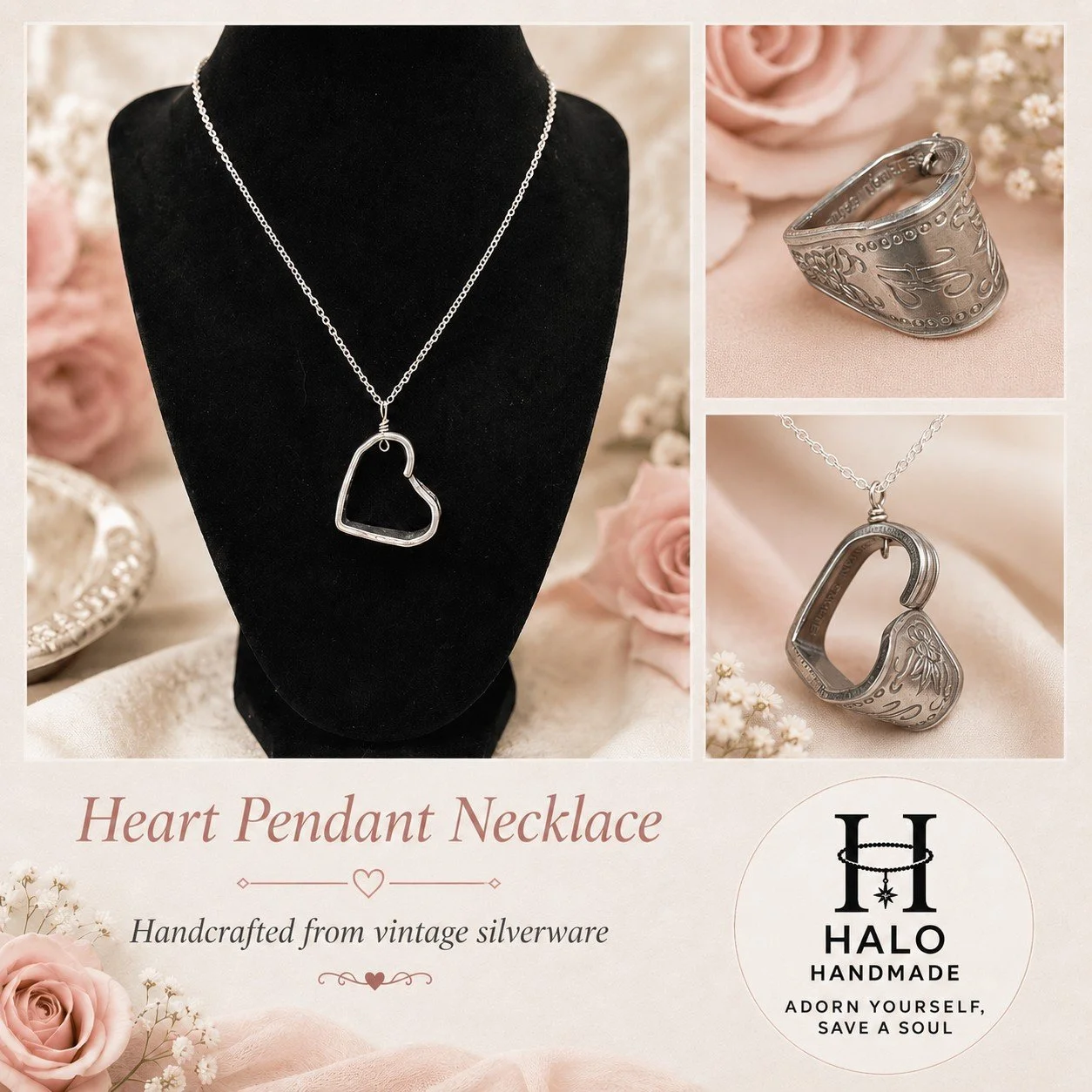 Floral Heart Pendant w/ "H" Monogram