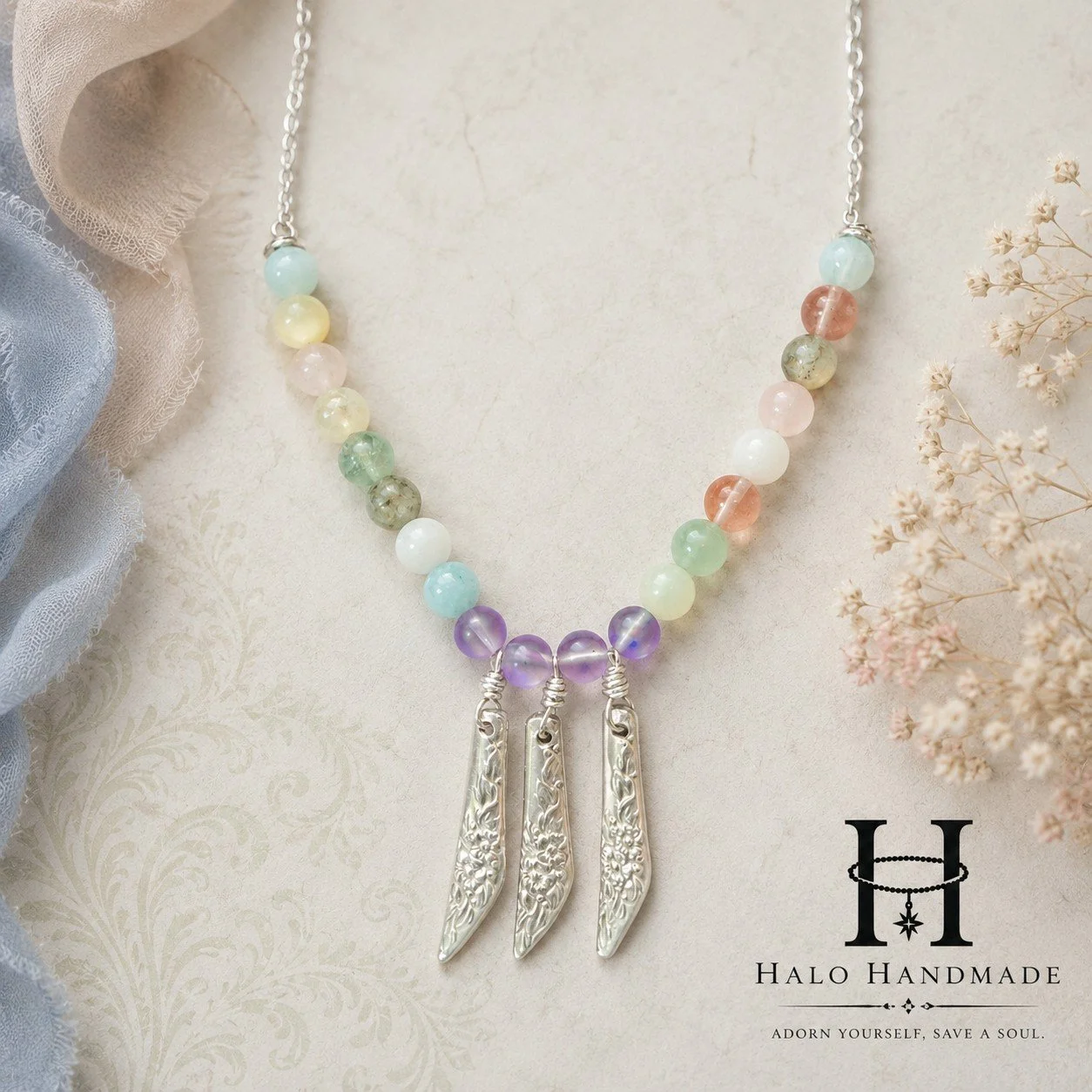 Natural stone and floral silver pendants 17"