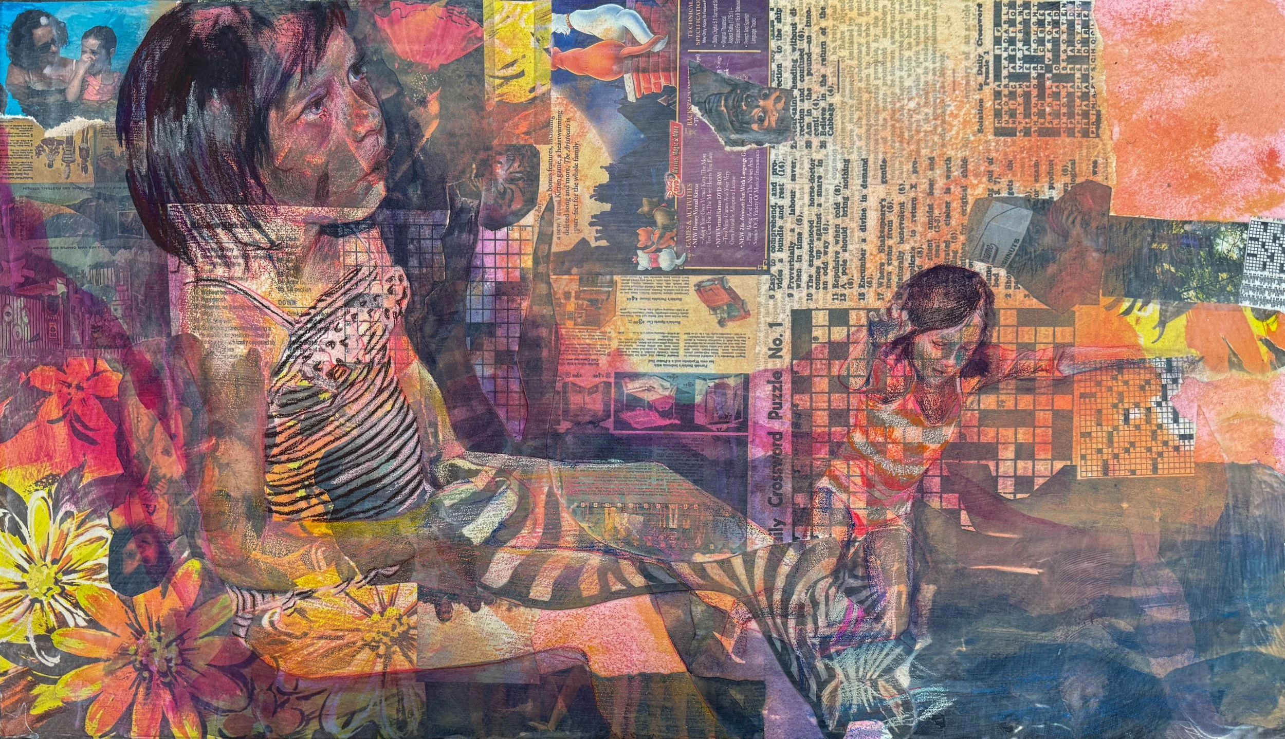 Childish Emotion 2/3, 2026, Colored pencil and collage on paper, 12"x22"