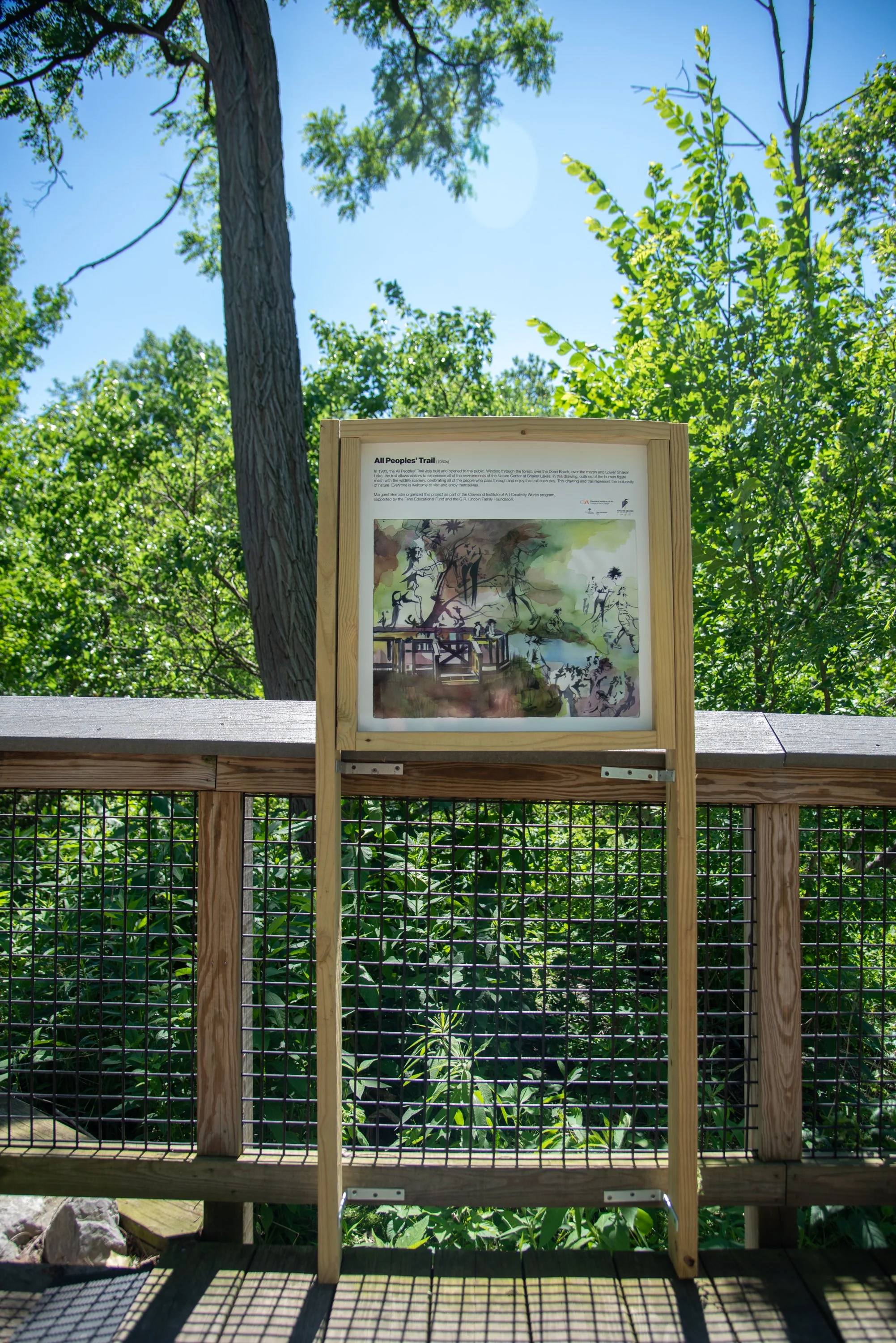 1980s: All Peoples Trail, 2026, 24"x24", Vinyl print of acrylic ink drawing mounted on aluminum and framed, On view at the Nature Center at Shaker Lakes from May 2026 to December 2026
