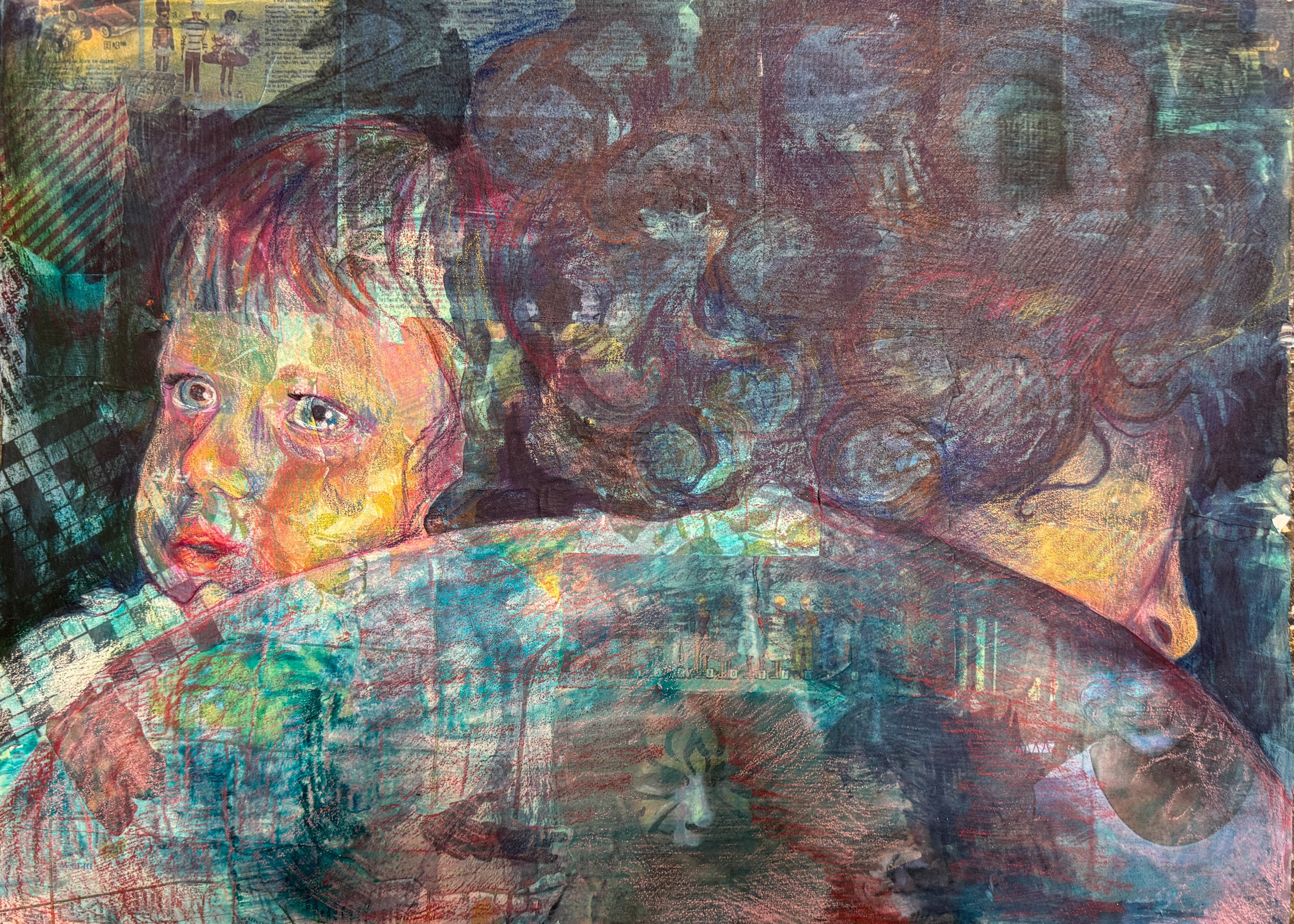 Childish Emotion 3/3, 2026, Colored Pencil and collage on paper, 11"x17"