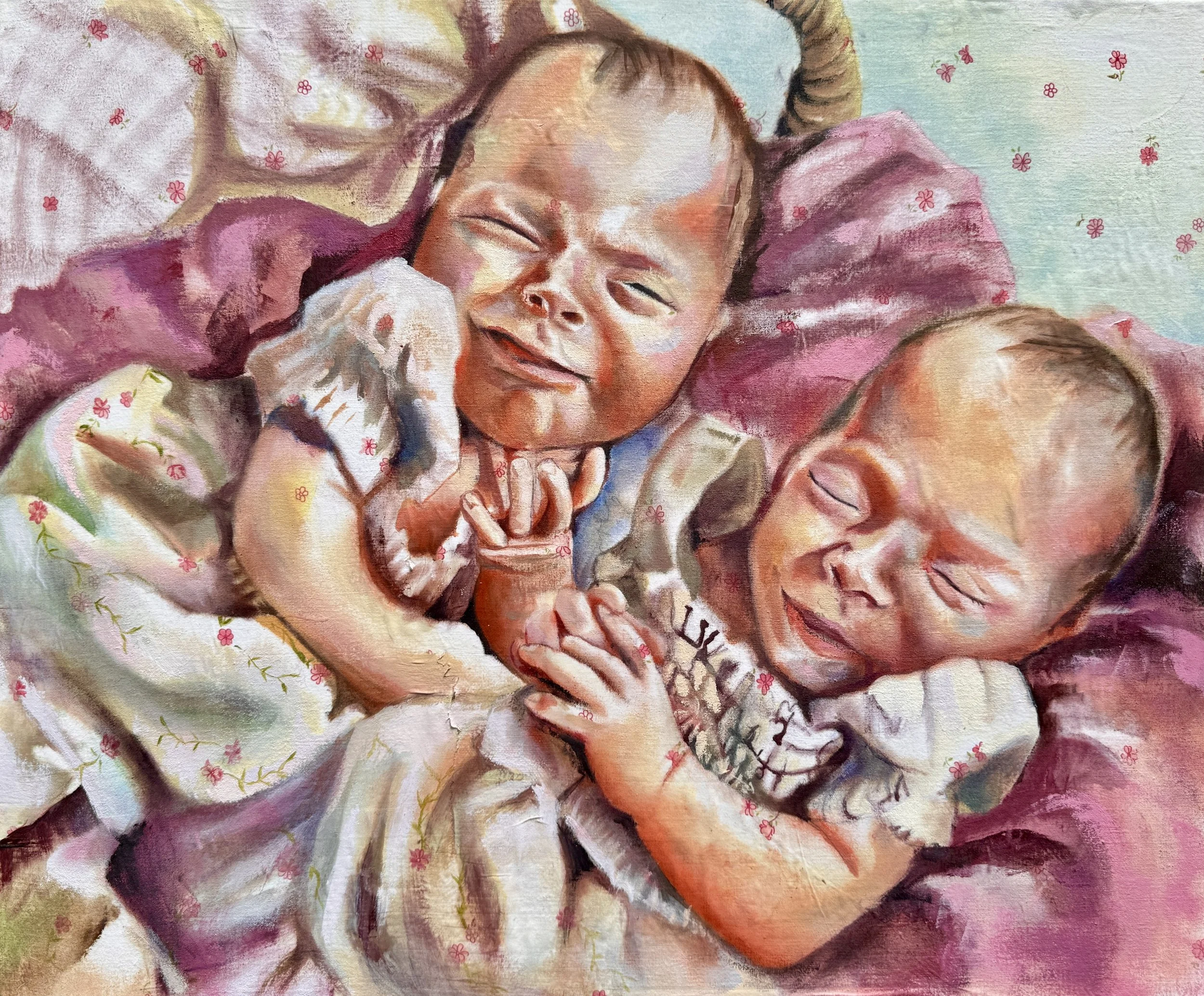 Olive and Oakley, 2026, Oil and fabric on canvas, 20"x24"