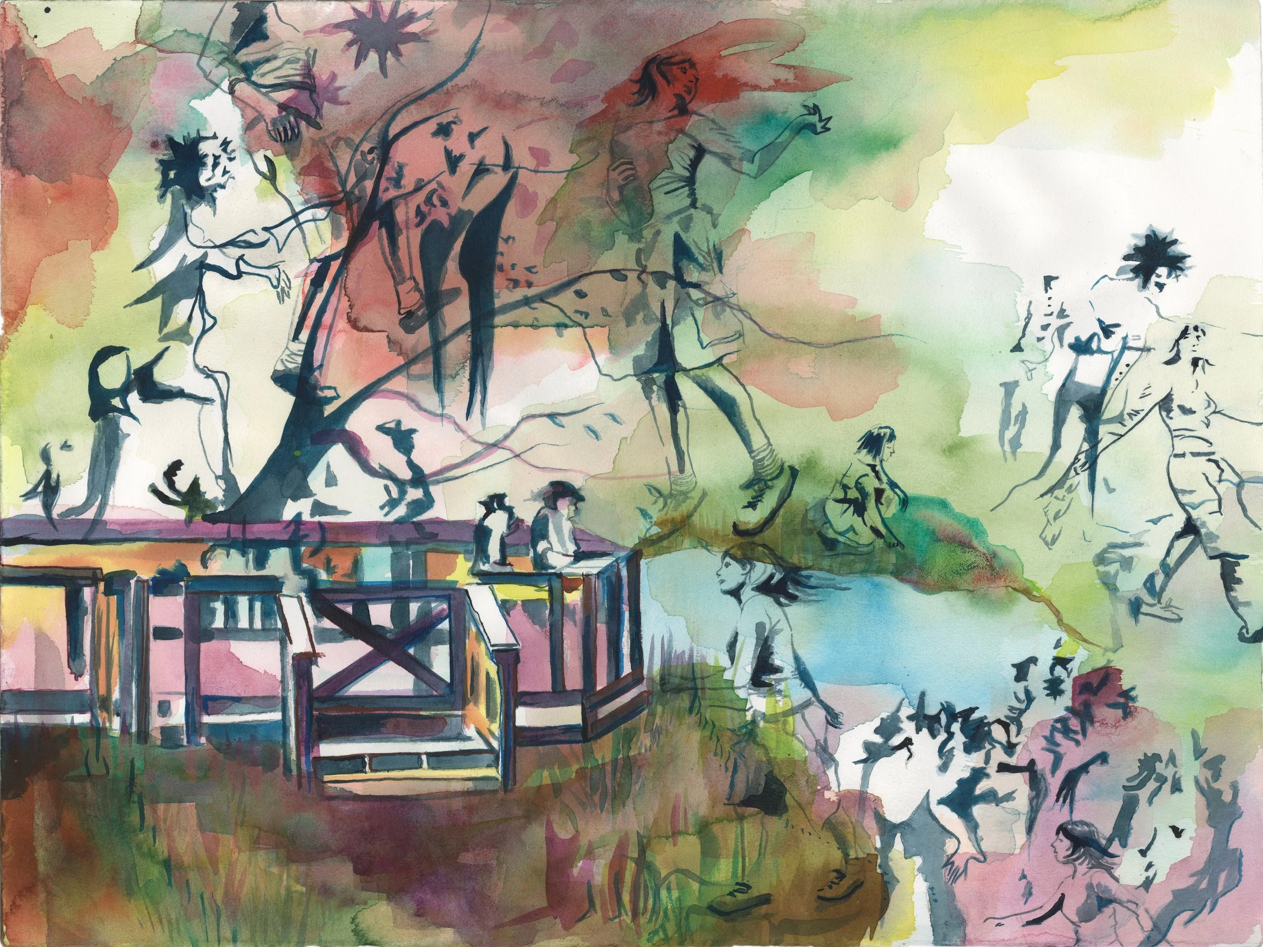 1980s: All Peoples Trail, 2026, 18"x24", Acrylic ink on BFK Reeves, Made in partnership with the Nature Center at Shaker Lakes and the Cleveland Institute of Art