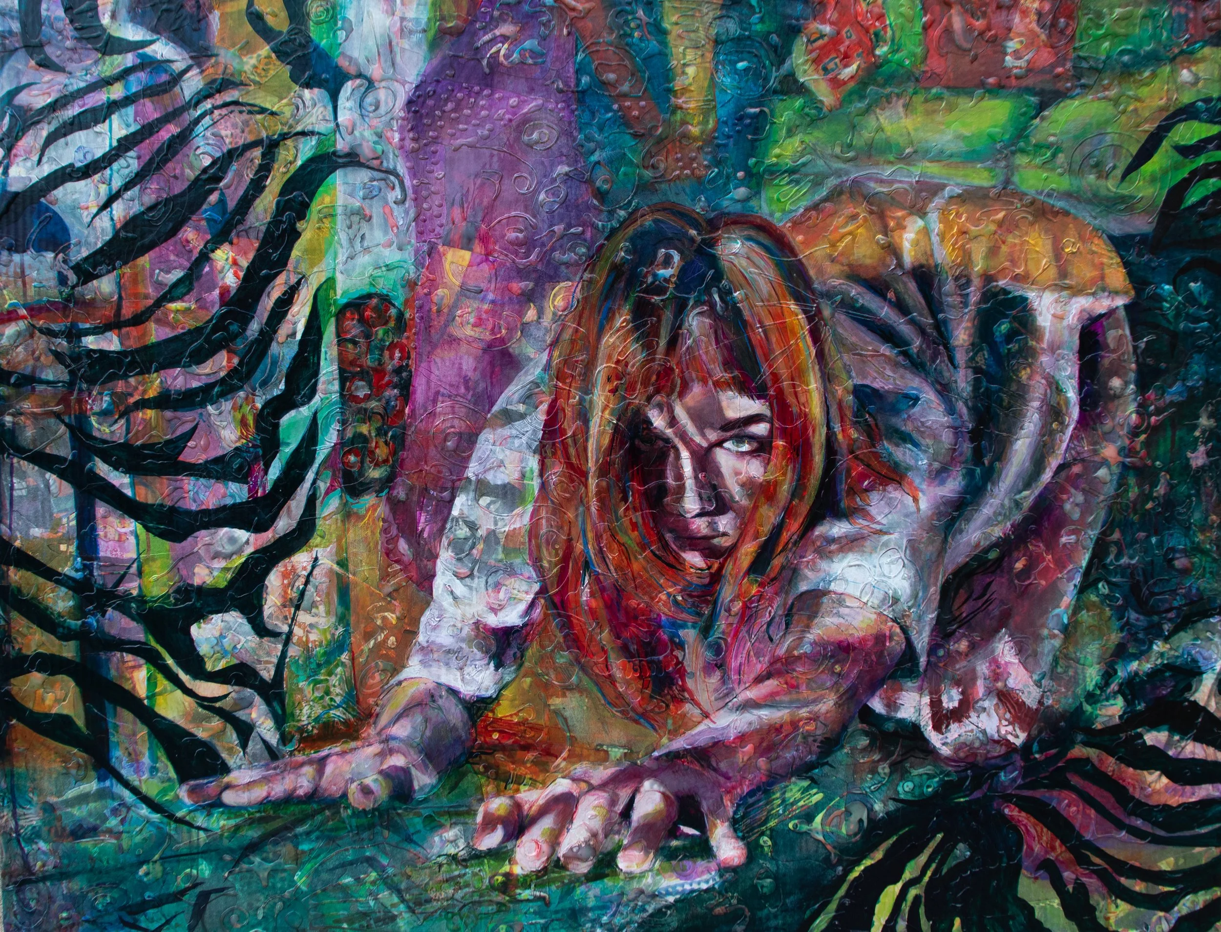 Wild Woman, 2024, 36"x48", Acrylic, collage, and glue on cardboard
