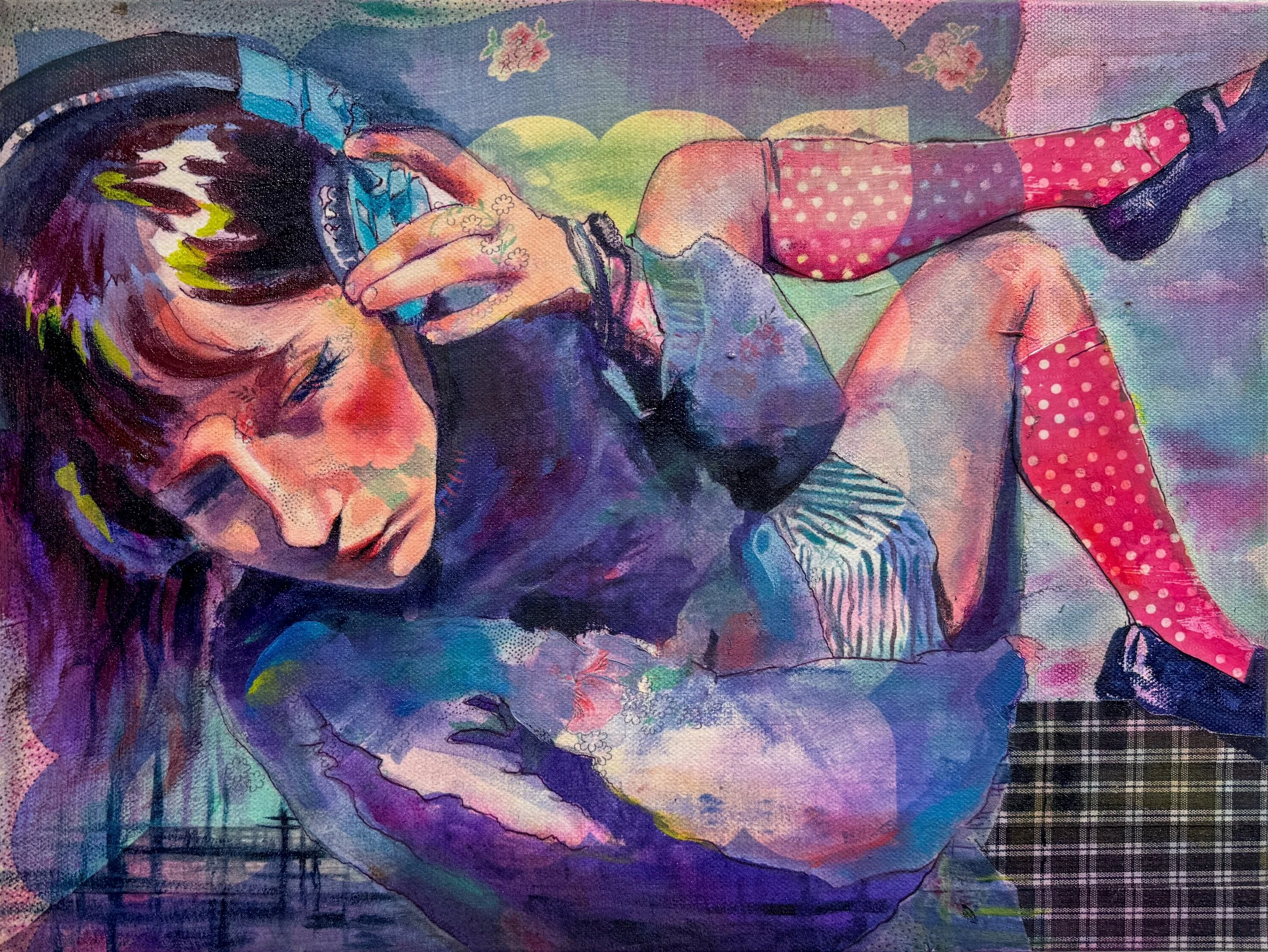 Music, 2026, 12"x16", Ink, Acrylic paint, and collaged fabric on canvas