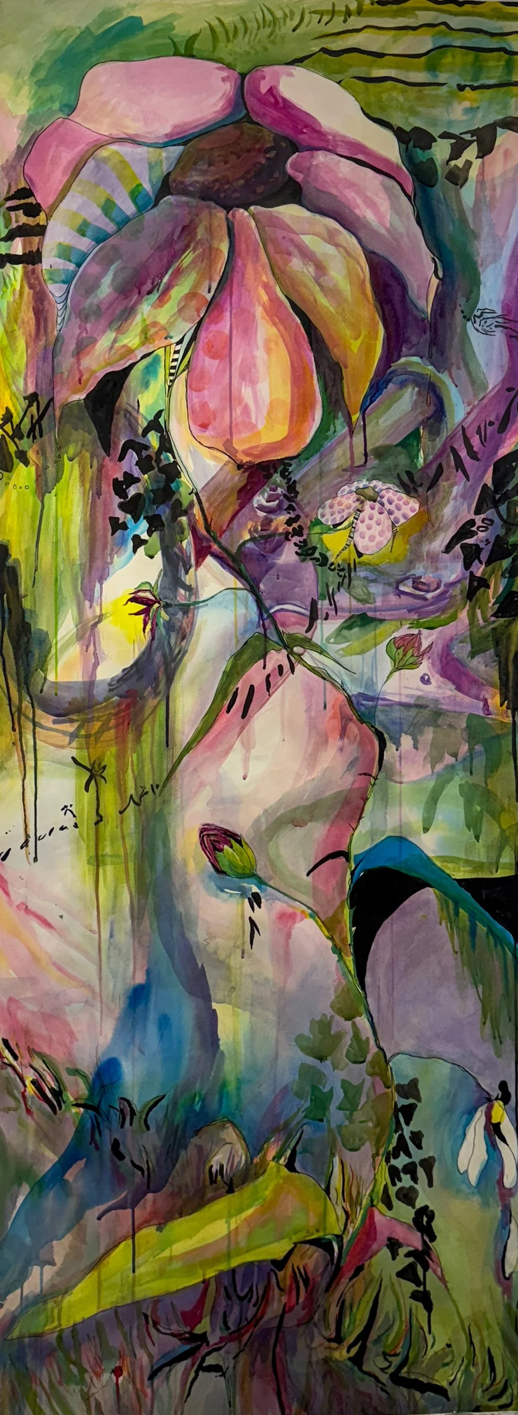 Abstract watercolor painting with vibrant colors depicting various flowering plants and leaves, including a pink flower bud, a yellow and pink spotted moth, and surrounded by lush foliage.