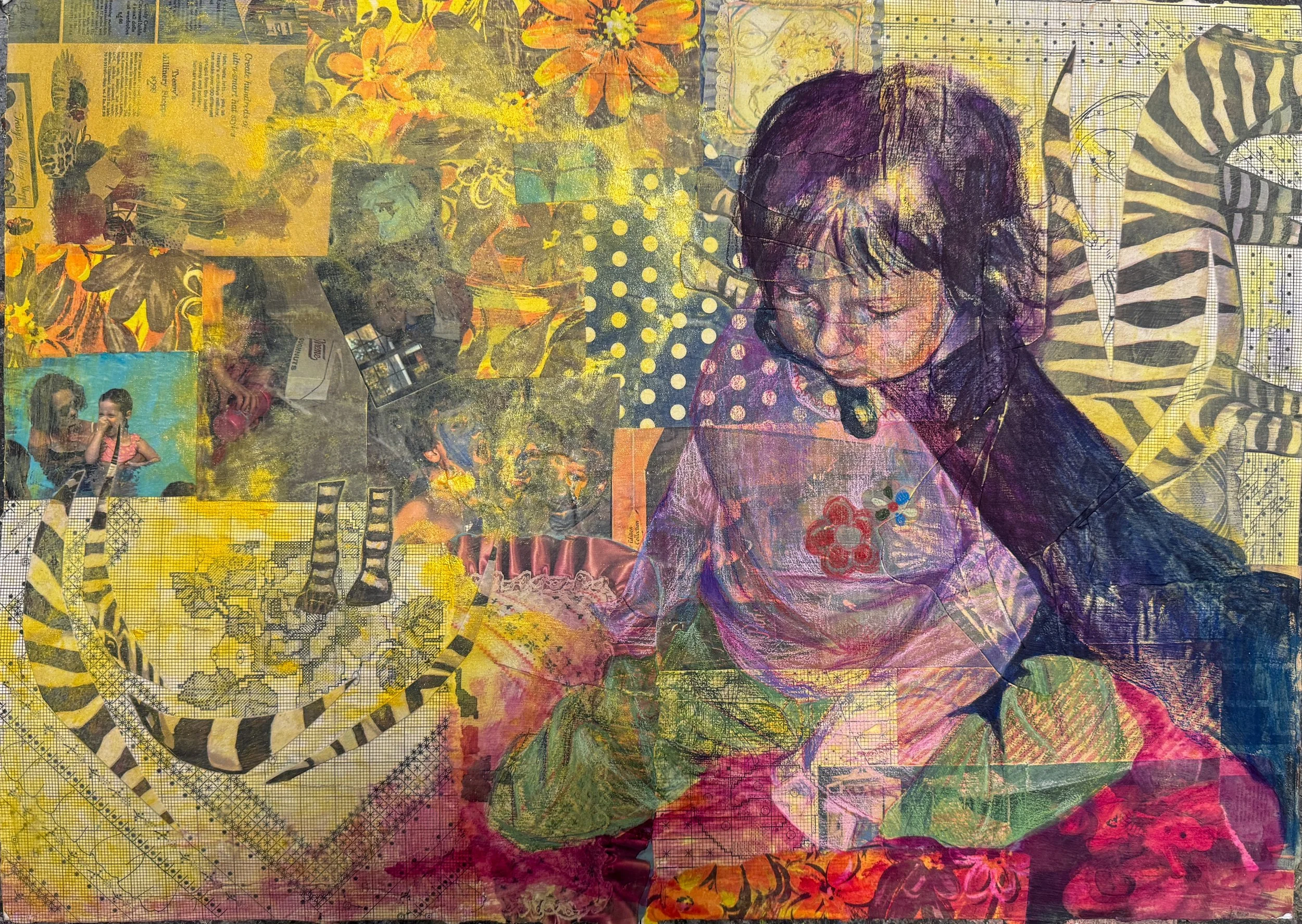 Childish Emotion, 2026, Colored pencil and collage on paper, 17"x22"