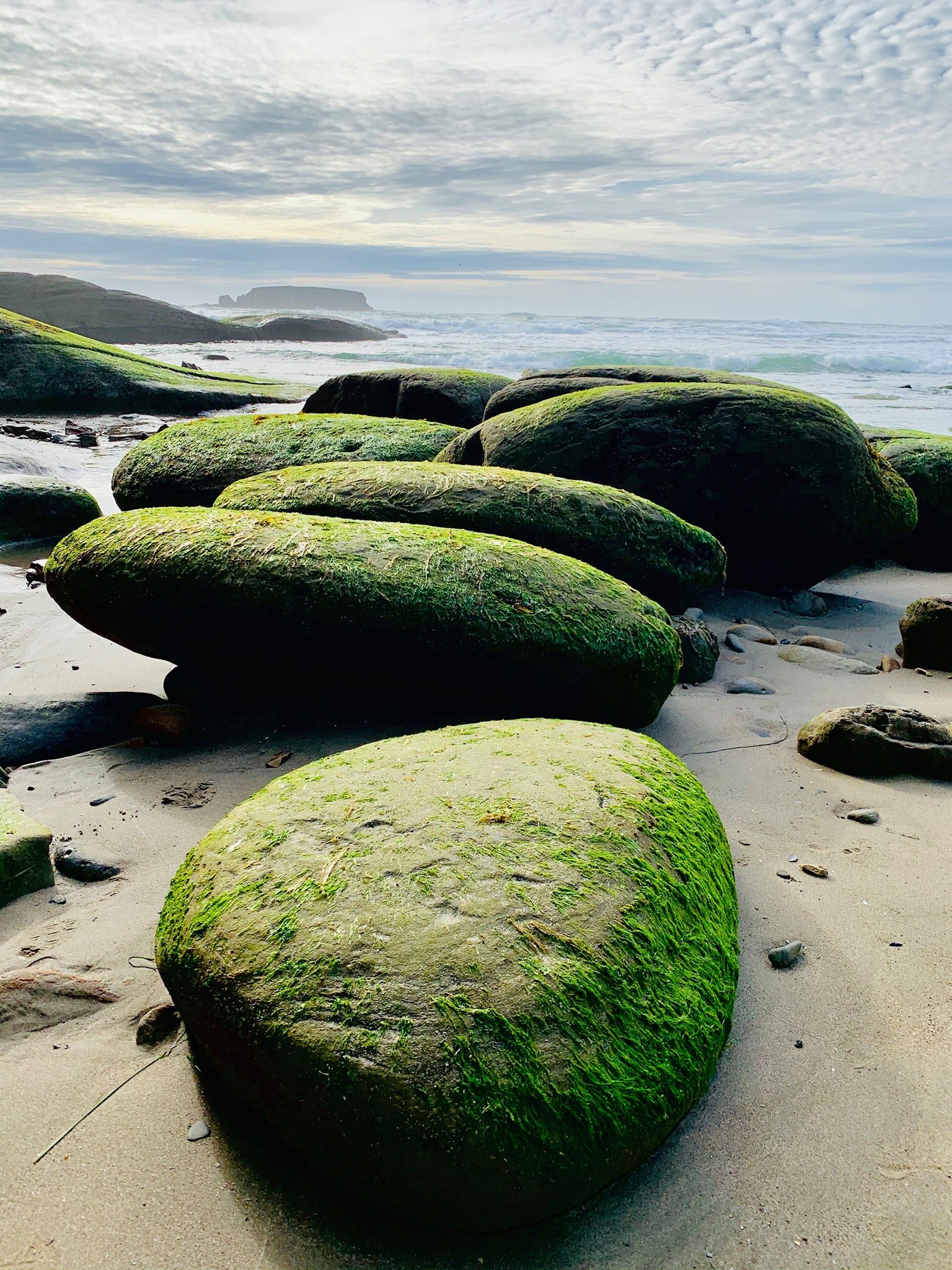 Large rocks covered in green moss on a sandy beach with ocean waves and cloudy sky in the background.