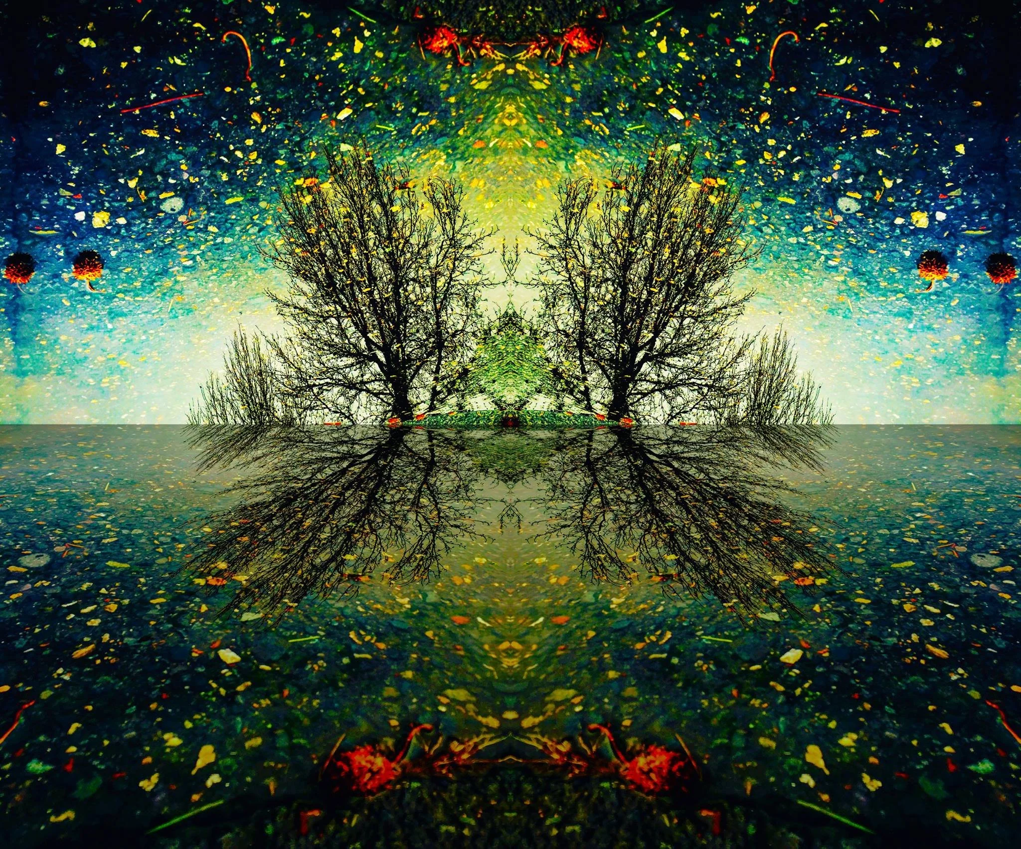 Mirror image of bare trees with falling colorful leaves and a vibrant starry sky reflected on a wet surface, creating a symmetrical landscape scene.