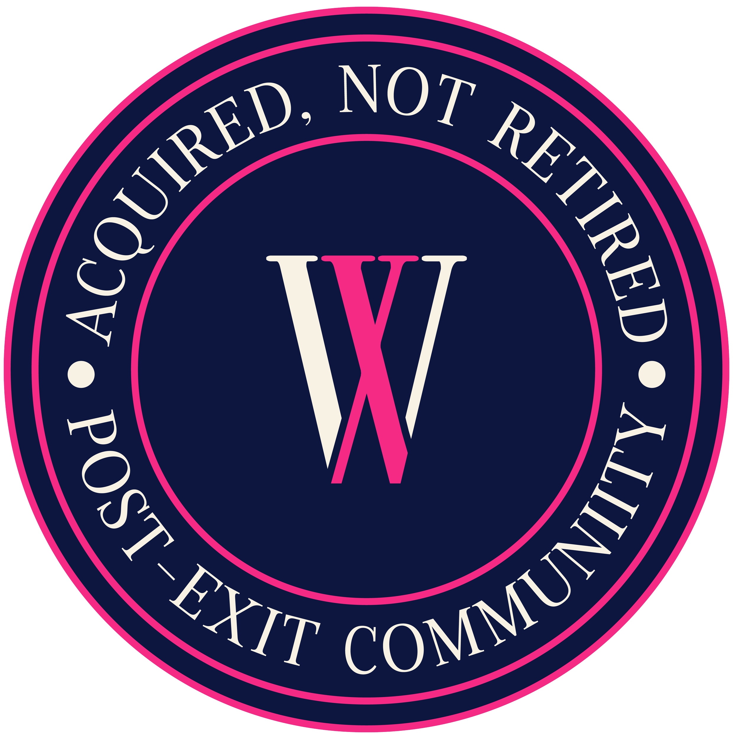 Close-up of a circular logo with text that reads 'Qualified, Not Rated' and 'Exquisite,' with a dark blue background and pink border.