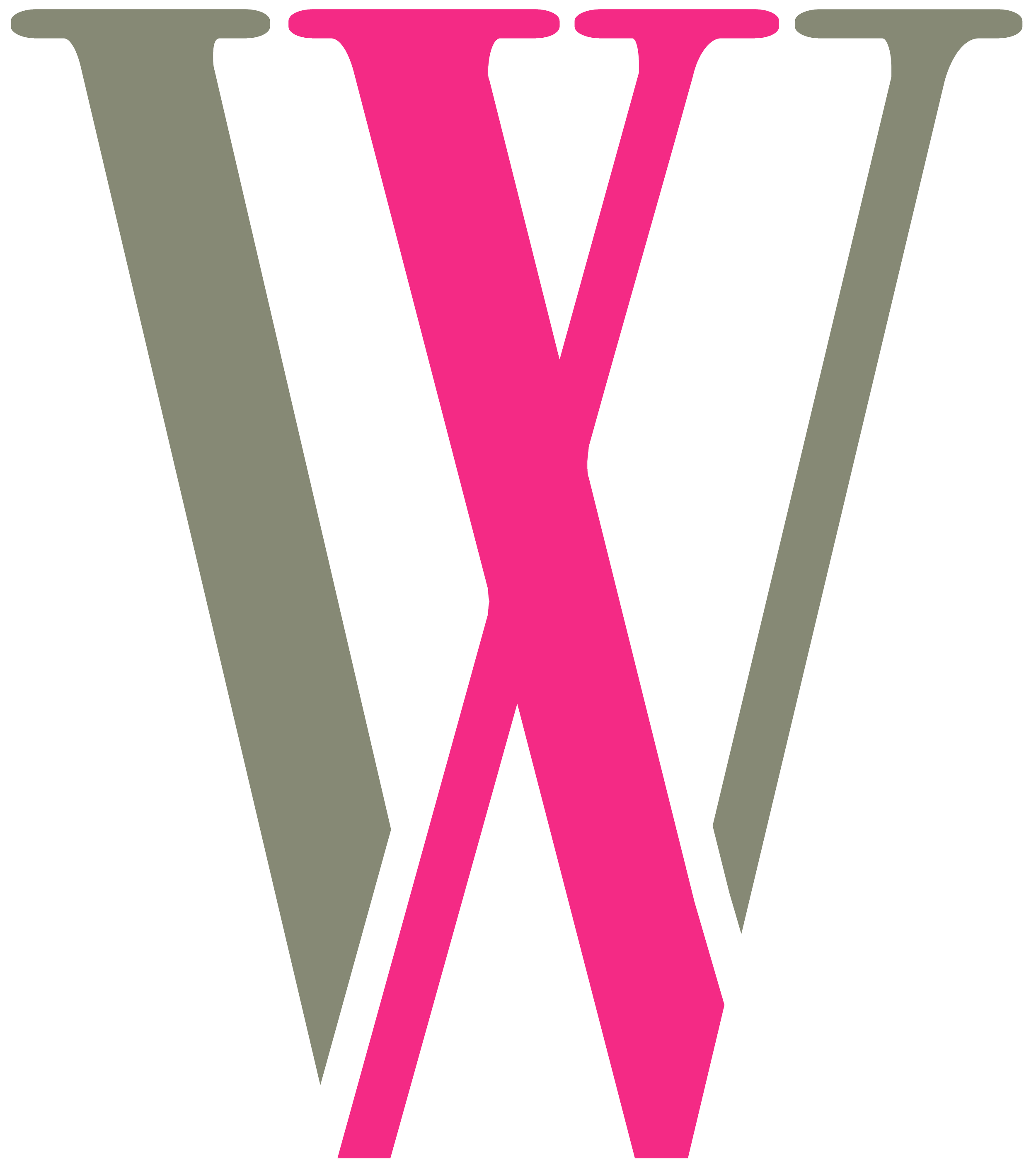 A stylized letter 'W' composed of three overlapping sections in green, pink, and gray colors.