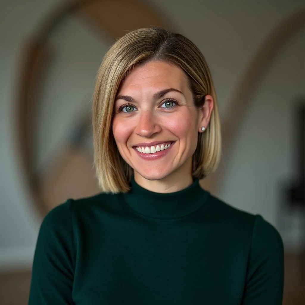 A woman with blond hair wearing a dark green turtleneck, smiling in front of a blurred background.