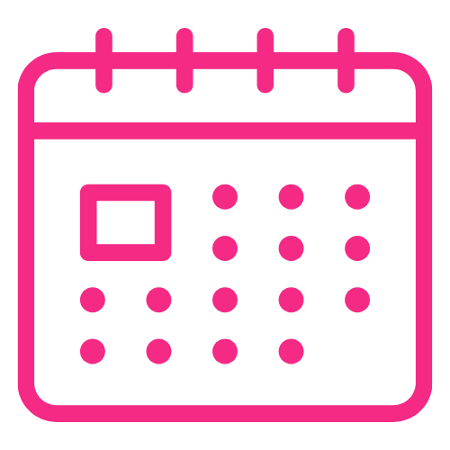 Pink calendar icon with a square date box and dots representing days of the week on a black background.