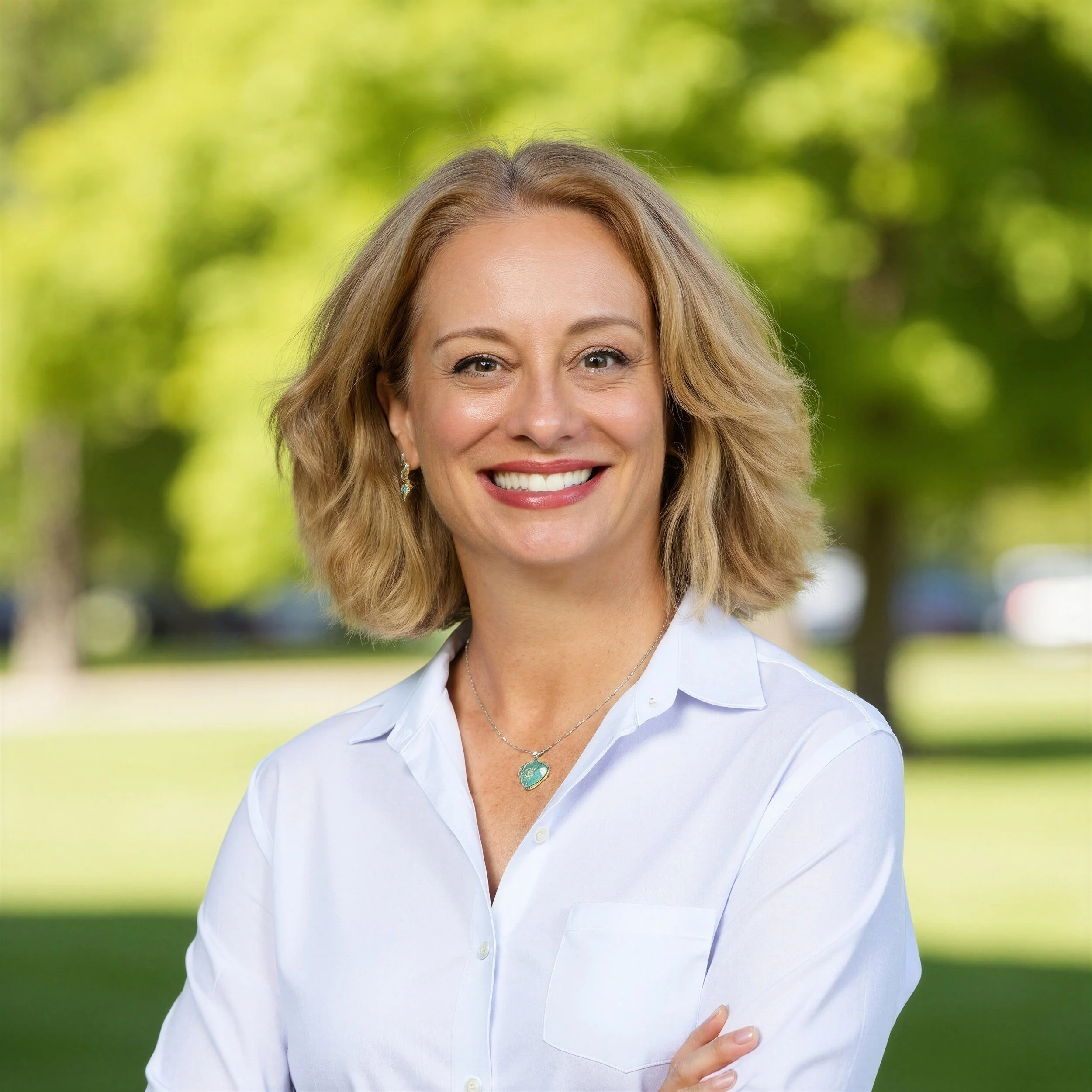 Close-up of a woman with blonde hair, wearing a white shirt, smiling, with trees and greenery in the background.