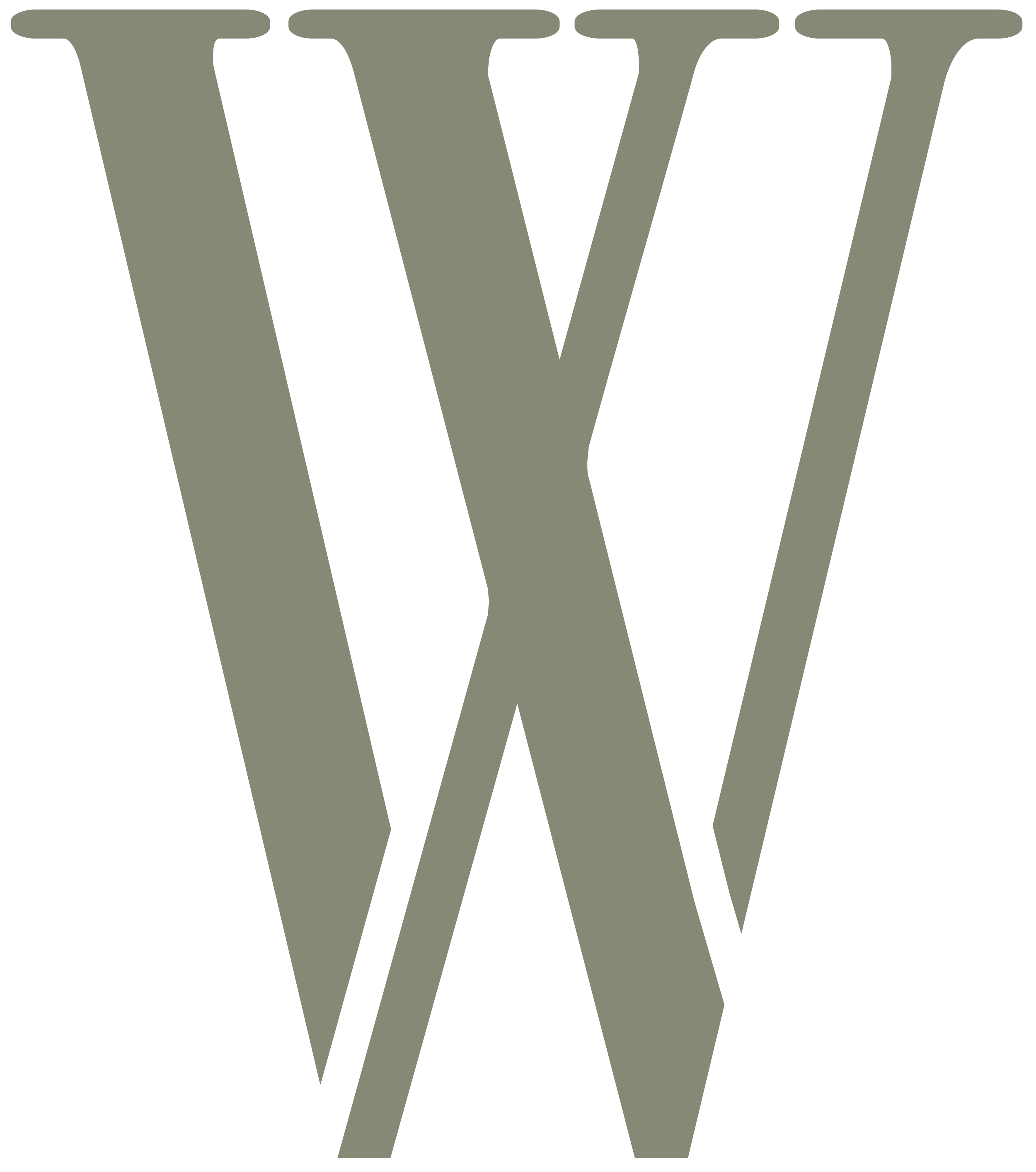 A large stylized letter W in muted grayish-green color on a black background.