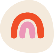 Illustration of a rainbow with red, pink, and purple bands on a light beige background.