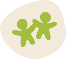 Two green cartoon children holding hands inside a rounded square.