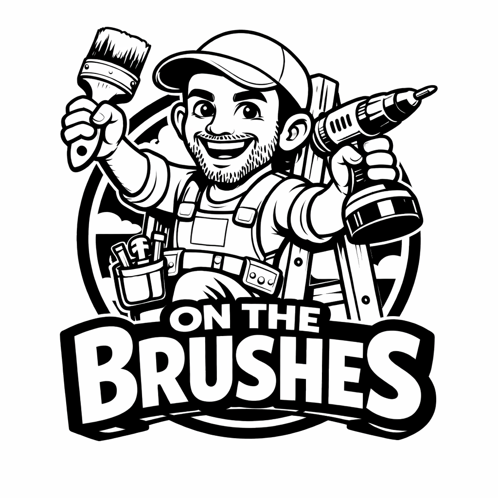 A cartoon man wearing a cap and overalls, holding a paintbrush in one hand and a drill in the other, smiling. The background includes a ladder and tools, with the text "On the Brushes" beneath him.