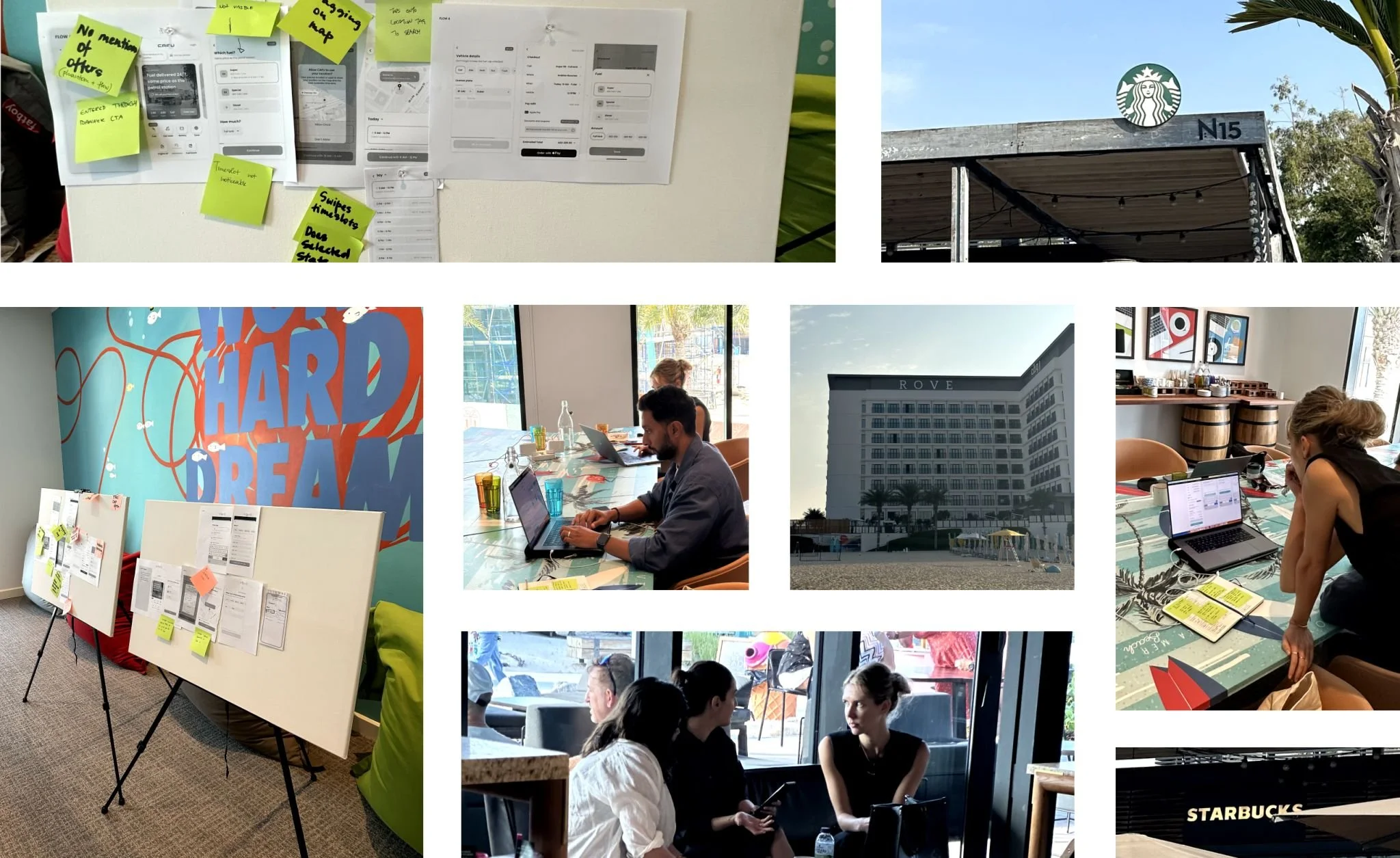 Collage of images showing people working and collaborating in a modern office or coworking space, with whiteboards, sticky notes, laptops, and casual seating areas, outside views through large windows, and the Starbucks logo on the exterior of a building.