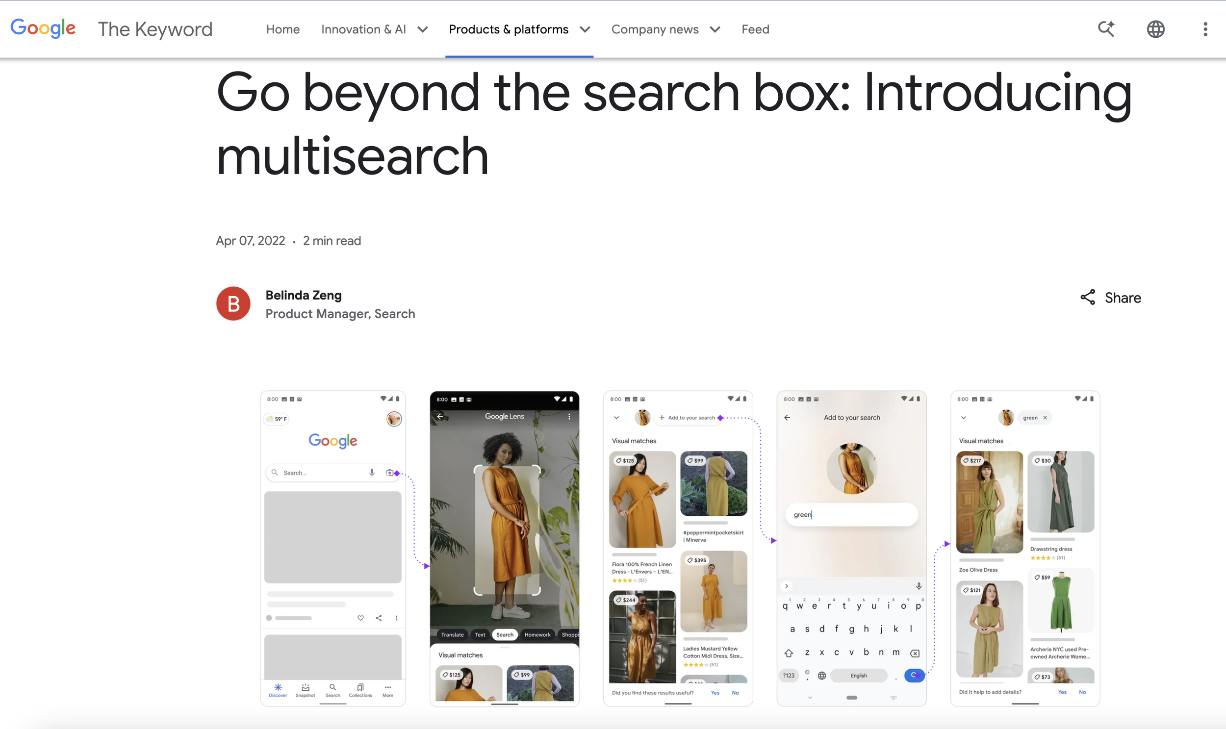 Screenshot of a webpage discussing a new feature called 'multisearch' by Google, showing search result images of women's dresses.