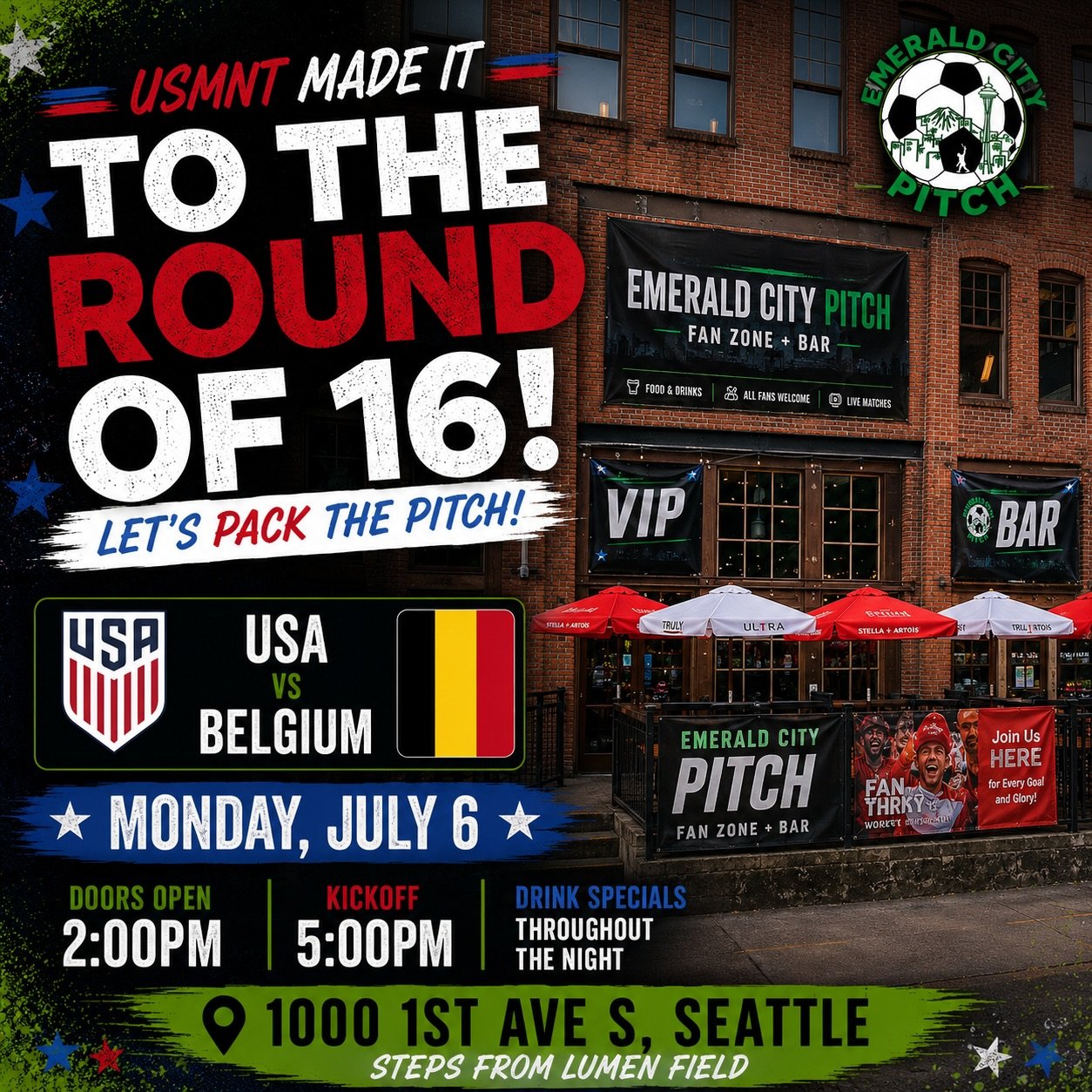 🇺🇸 SEATTLE&hellip; THIS IS THE ONE. 🇺🇸

The USMNT is in the Round of 16, and they&rsquo;re playing RIGHT HERE in Seattle.

If you&rsquo;re headed to Lumen Field on Monday, make Emerald City Pitch your home base to watch the match, but still exper